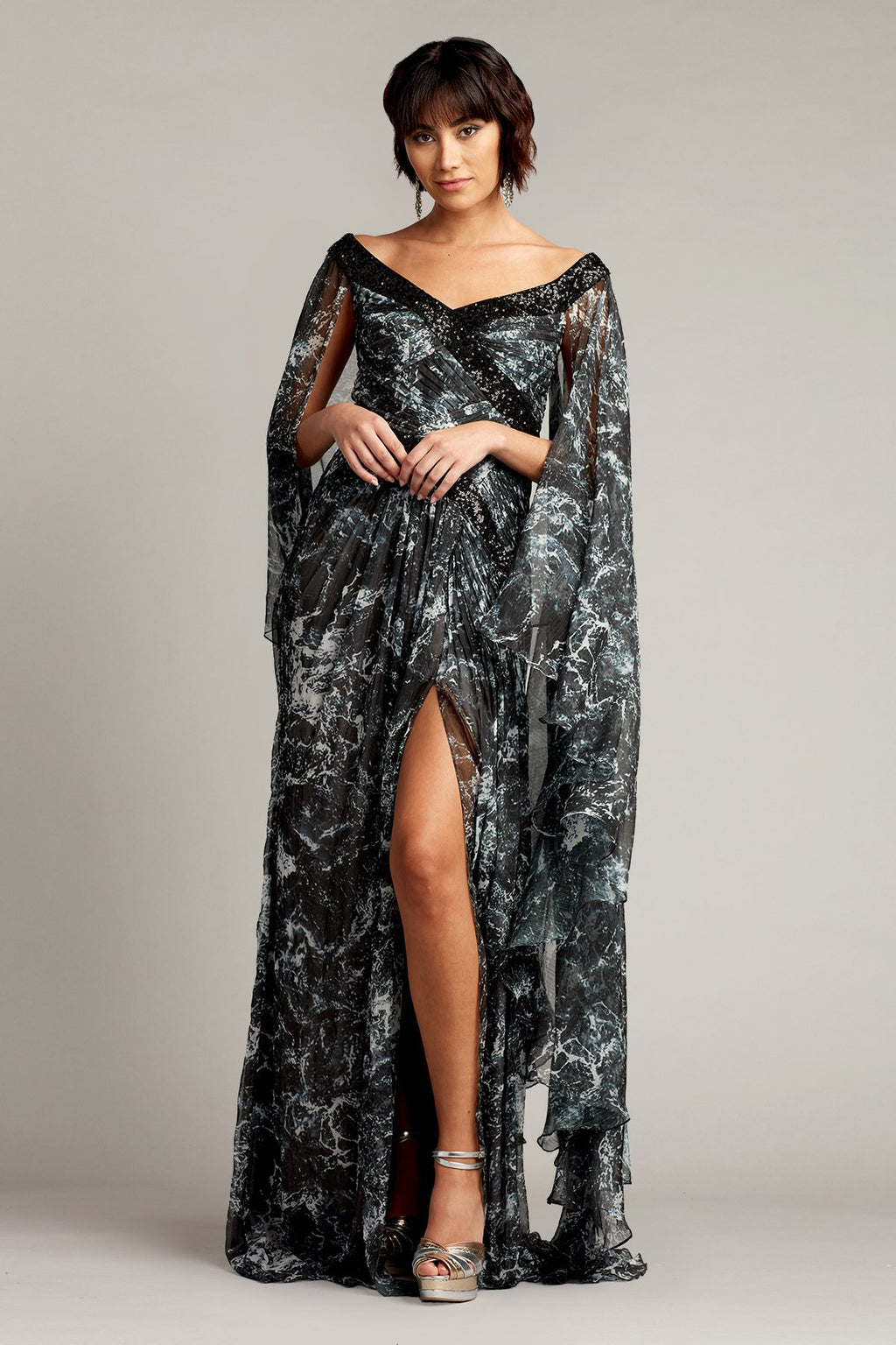 Lin Printed Chiffon Cape Sleeve Gown