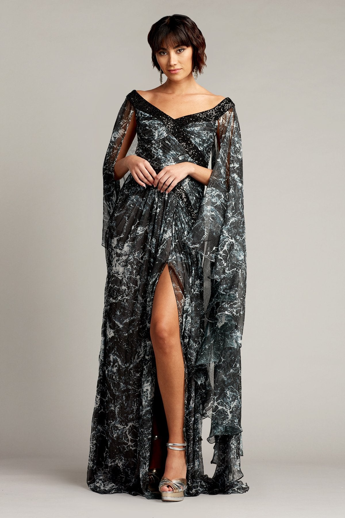 Lin Printed Chiffon Cape Sleeve Gown