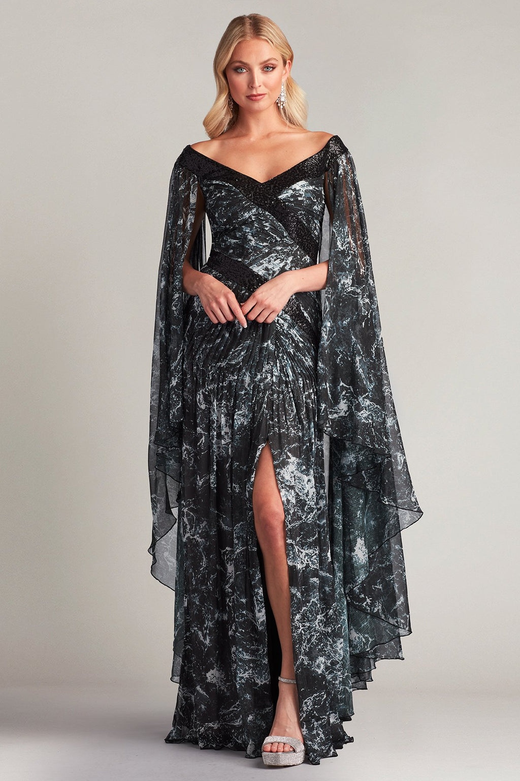 Lin Printed Chiffon Cape Sleeve Gown