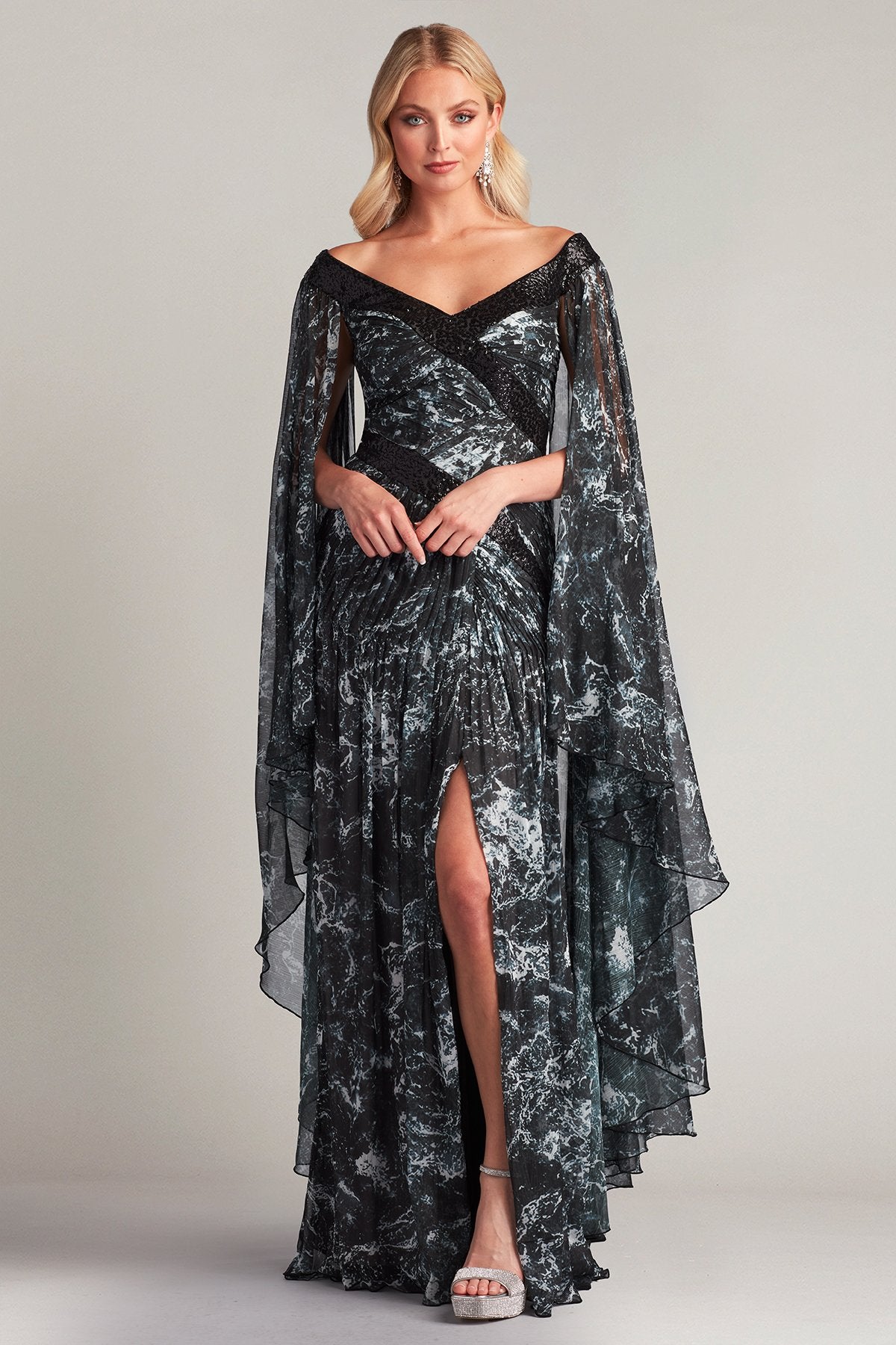 Lin Printed Chiffon Cape Sleeve Gown