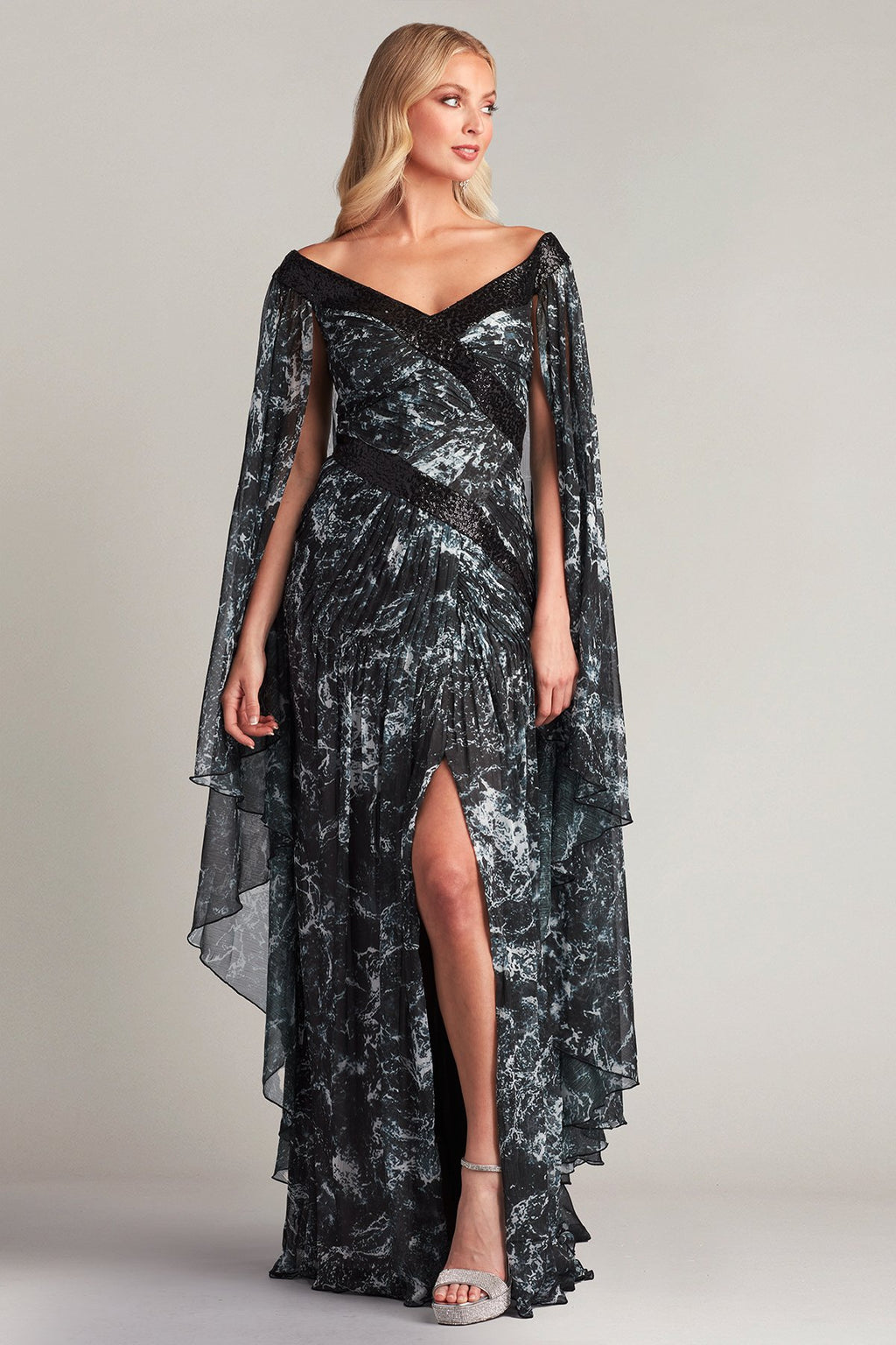 Lin Printed Chiffon Cape Sleeve Gown