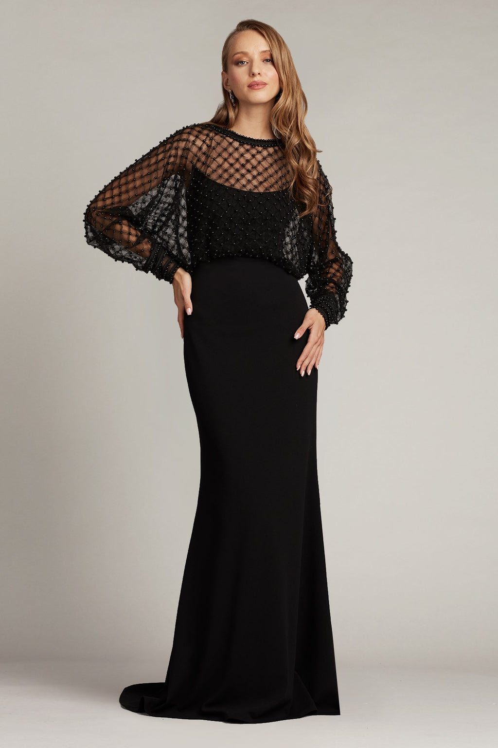 Esa Pearl-Dotted Dolman Sleeve Gown
