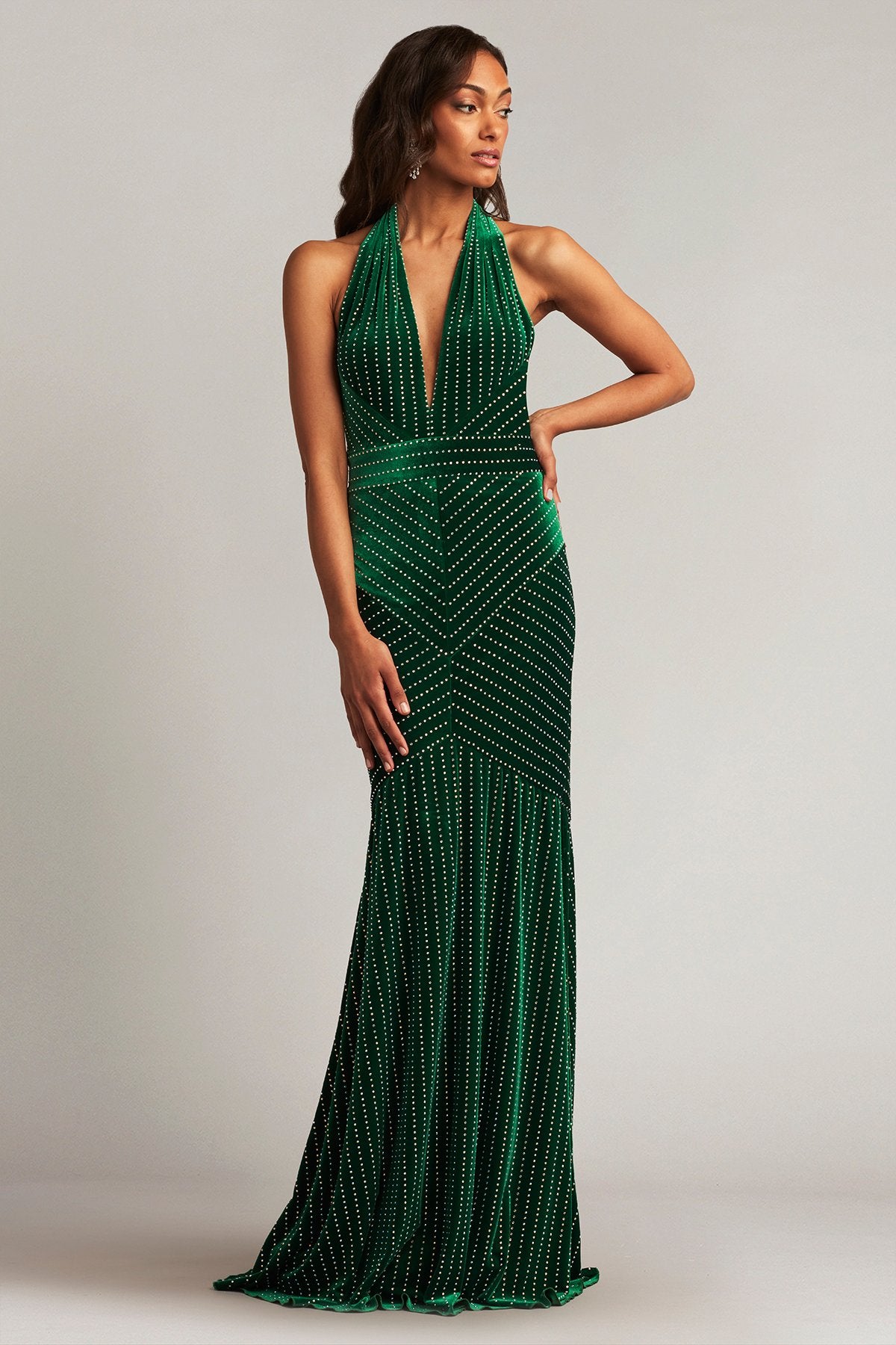 Reinie Diamanté Plunge Halter Gown