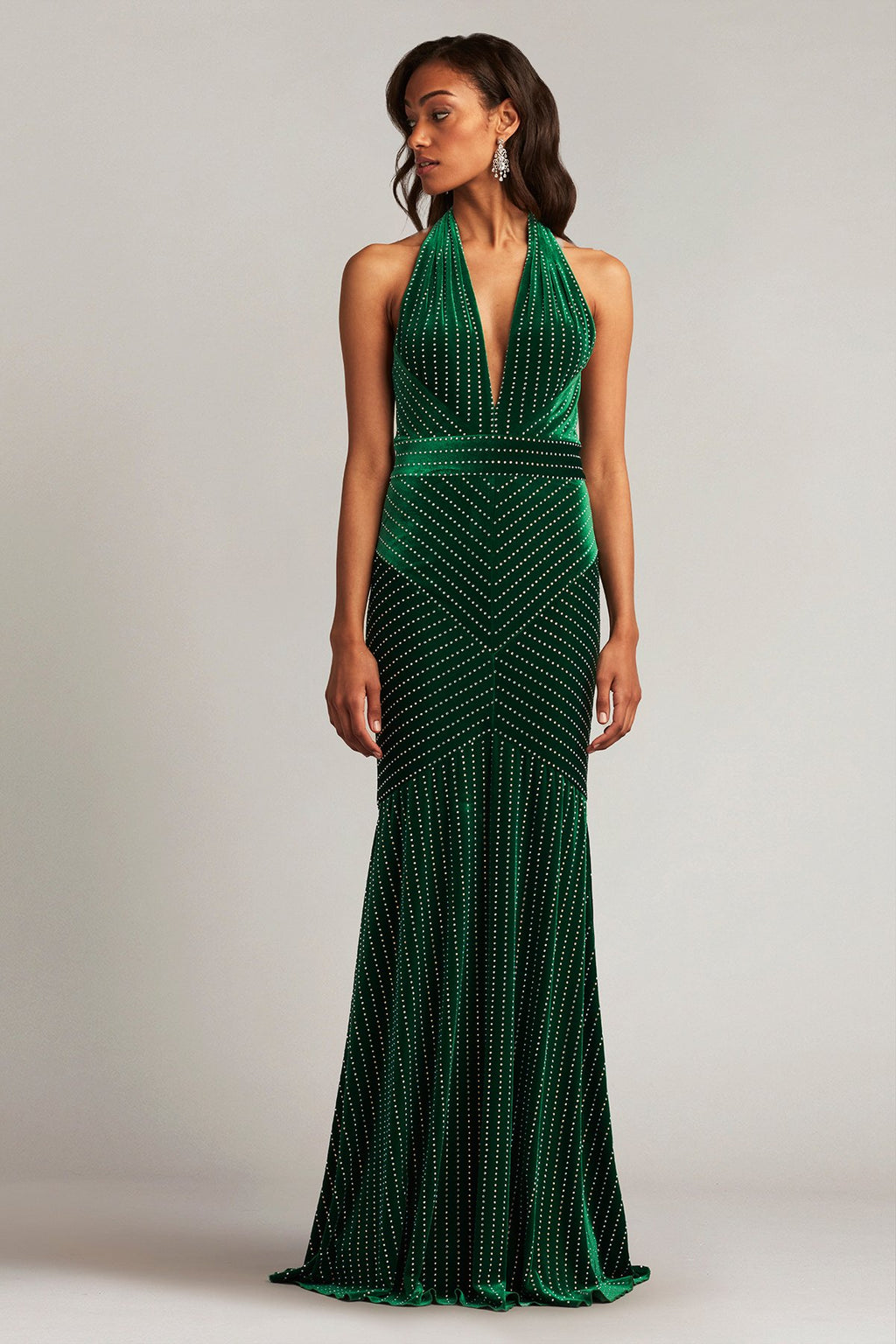 Reinie Diamanté Plunge Halter Gown