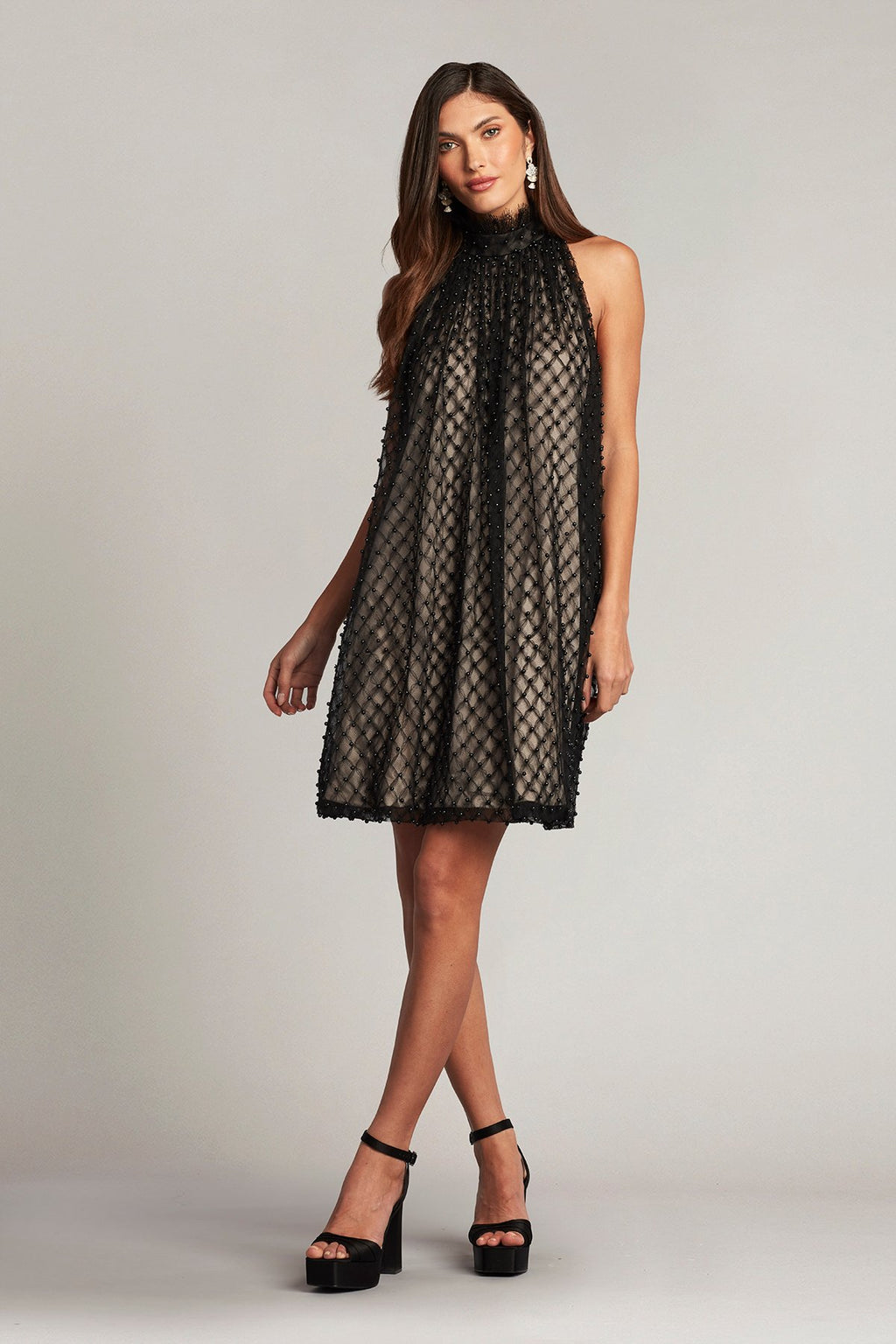 Kindra Pearl-Dotted Trapeze Dress