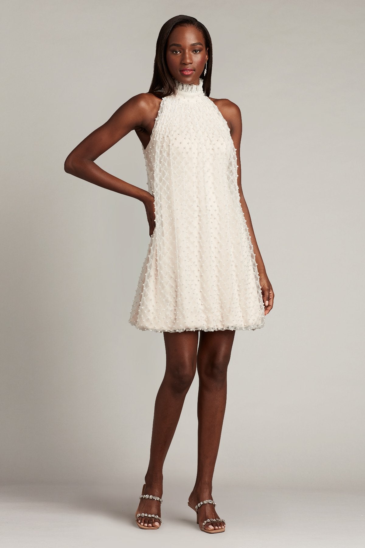 Kindra Pearl-Dotted Trapeze Dress