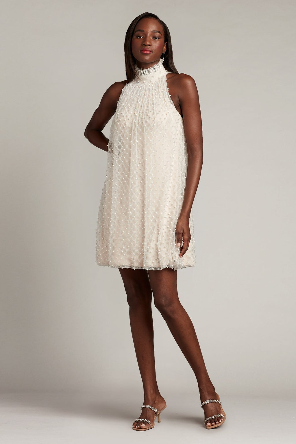 Kindra Pearl-Dotted Trapeze Dress