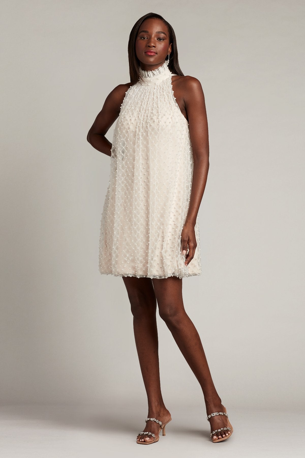 Kindra Pearl-Dotted Trapeze Dress