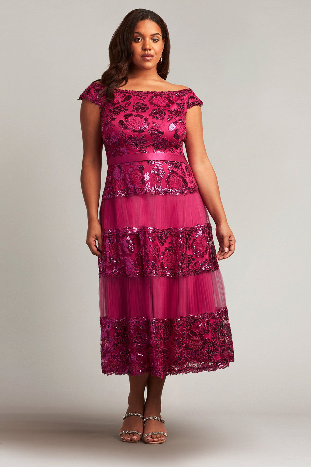 Charlotte Sequin Embroidered Tea-Length Dress - PLUS SIZE