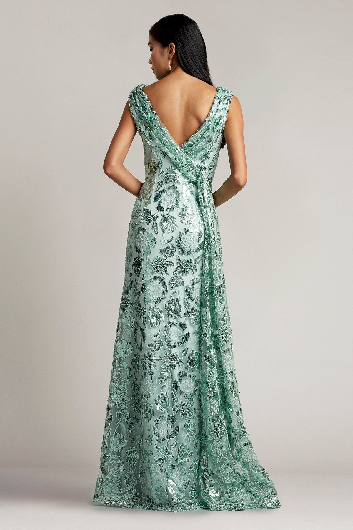 Marina Sequin Embroidered Draped Back Gown