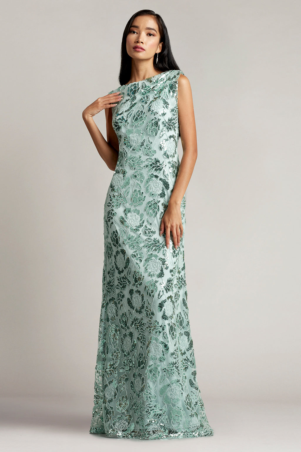 Marina Sequin Embroidered Draped Back Gown