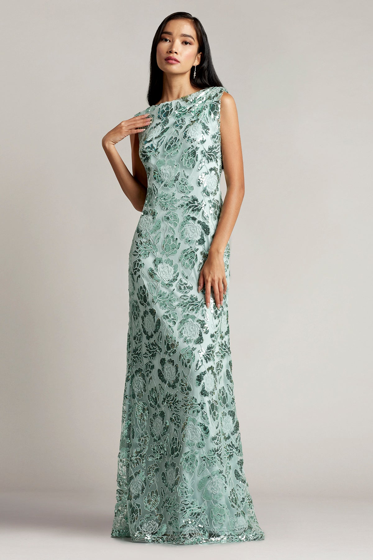 Marina Sequin Embroidered Draped Back Gown