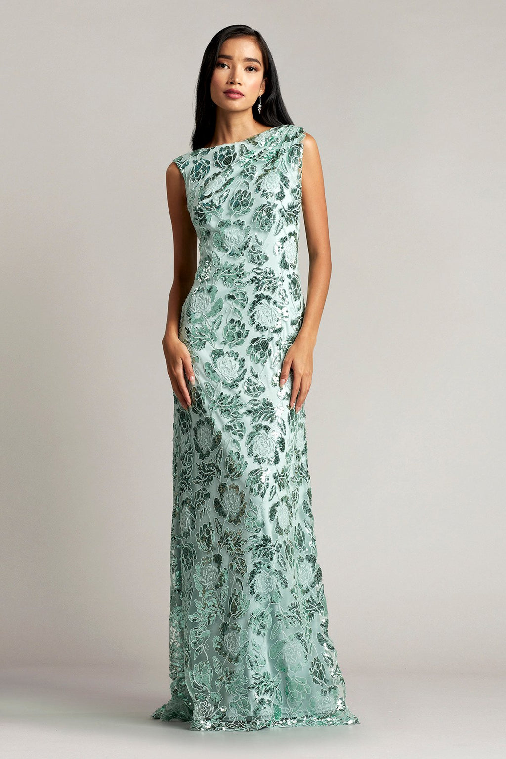Marina Sequin Embroidered Draped Back Gown