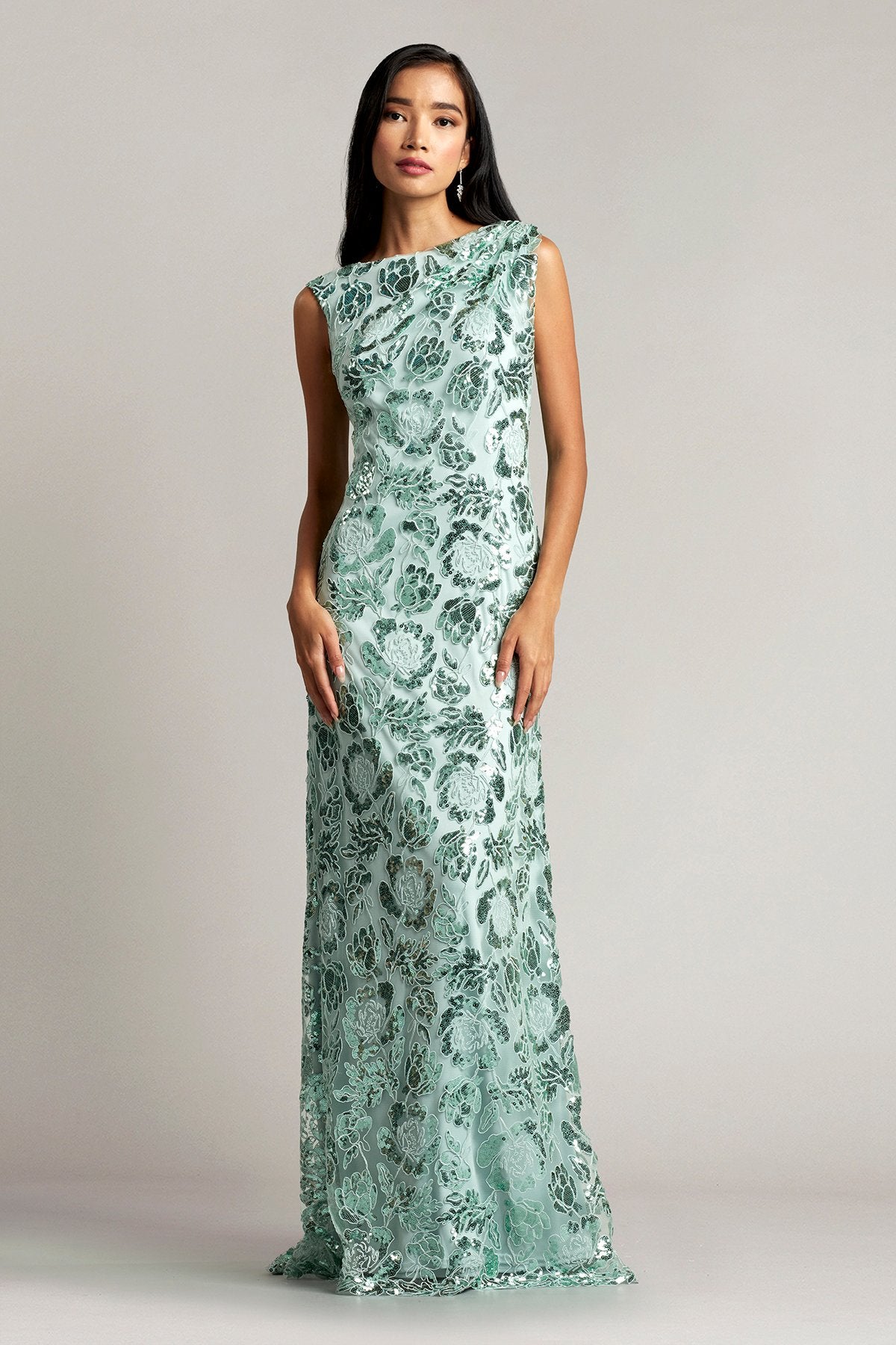 Marina Sequin Embroidered Draped Back Gown