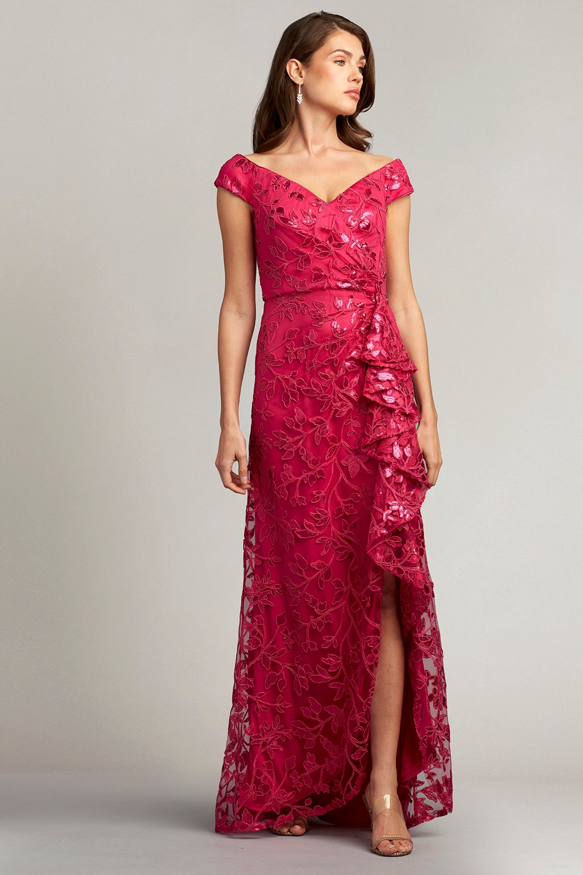 Corina Sequin Embroidered Flounce Gown