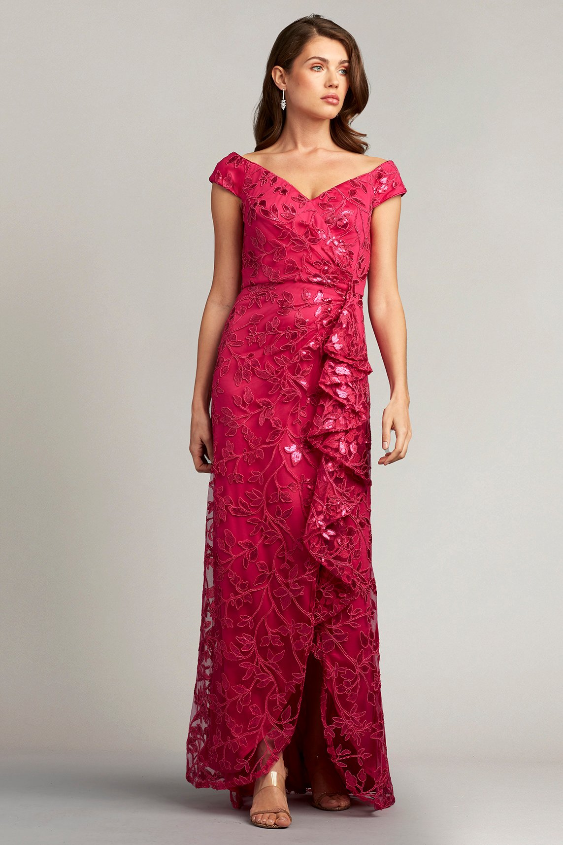 Corina Sequin Embroidered Flounce Gown
