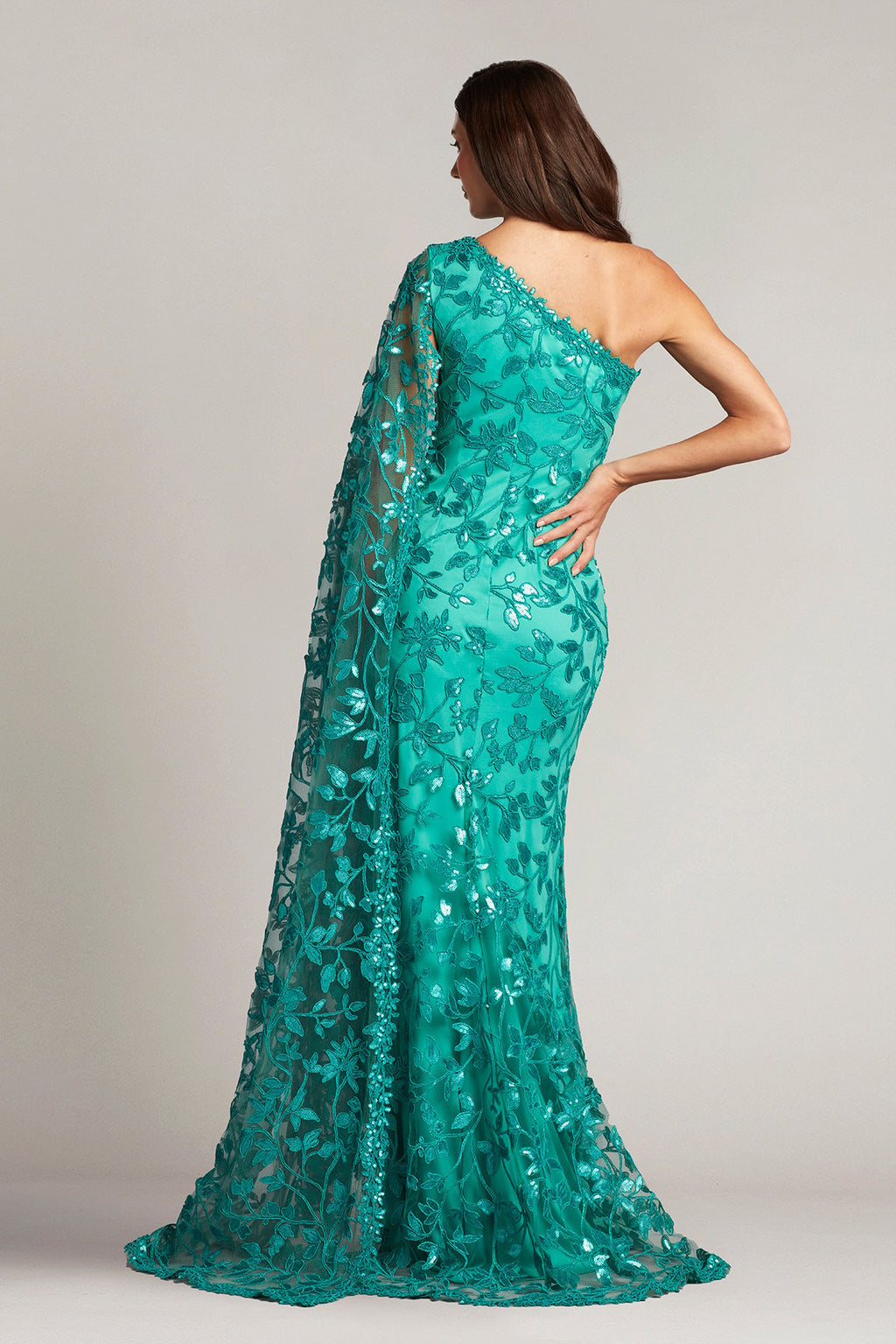 Delia Embroidered Cape-Sleeve Gown