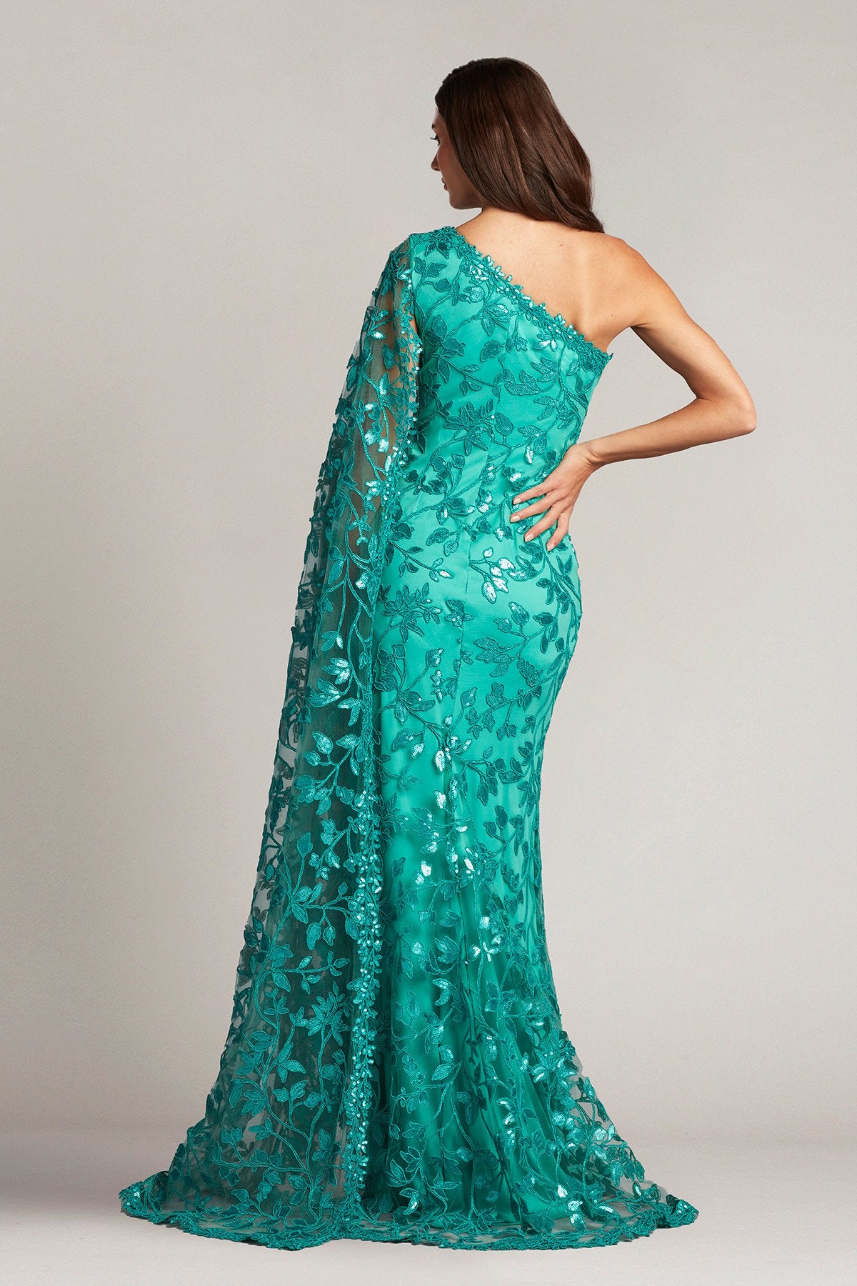 Delia Embroidered Cape-Sleeve Gown