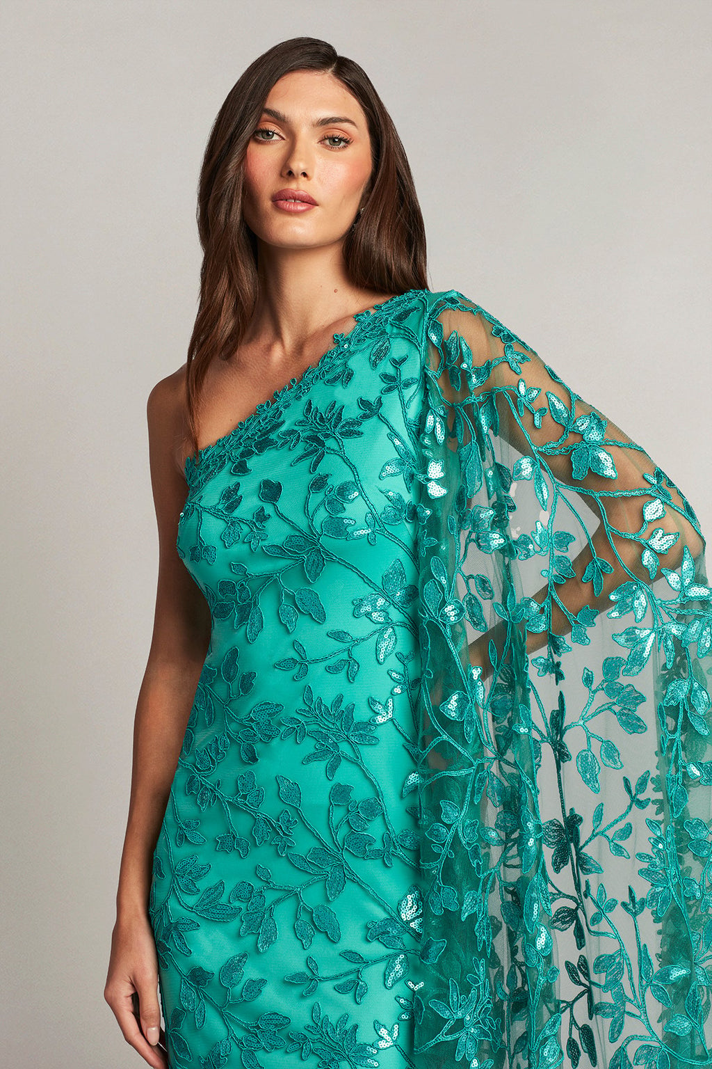 Delia Embroidered Cape-Sleeve Gown