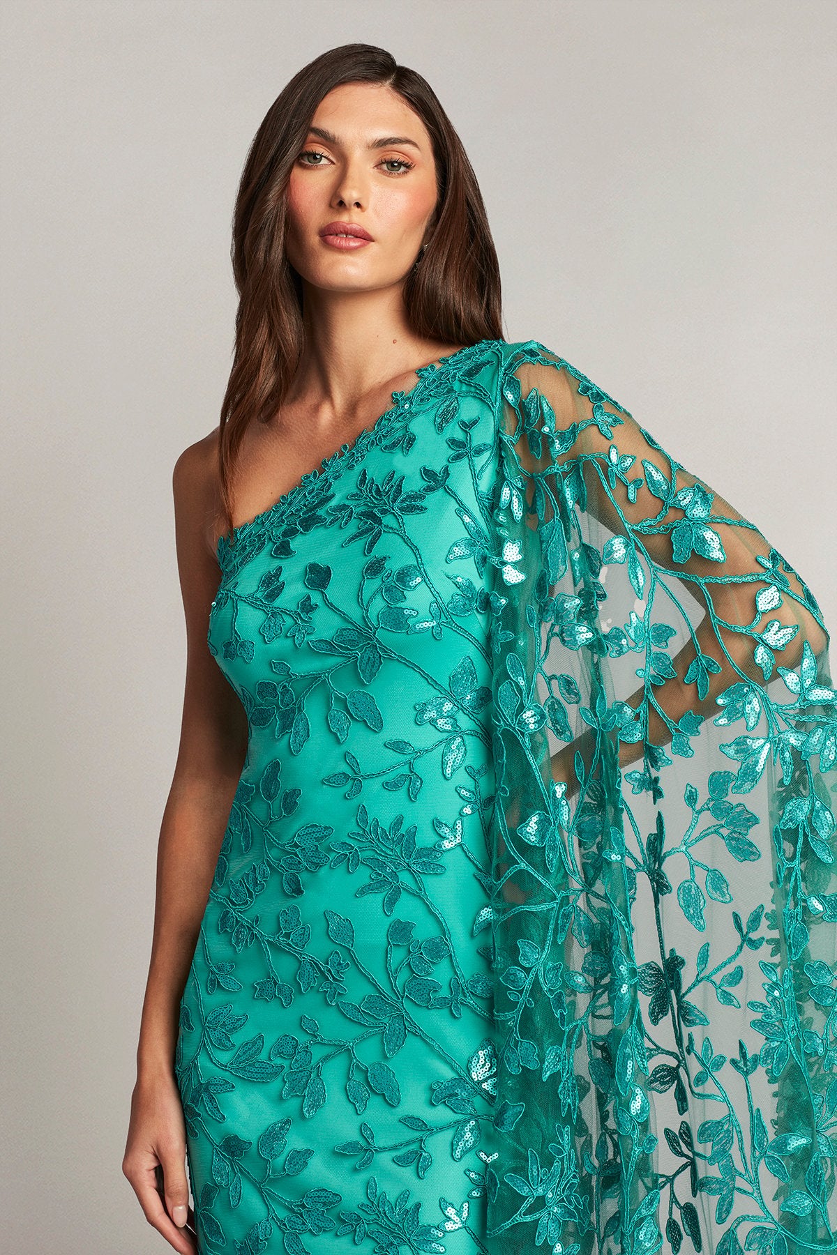 Delia Embroidered Cape-Sleeve Gown