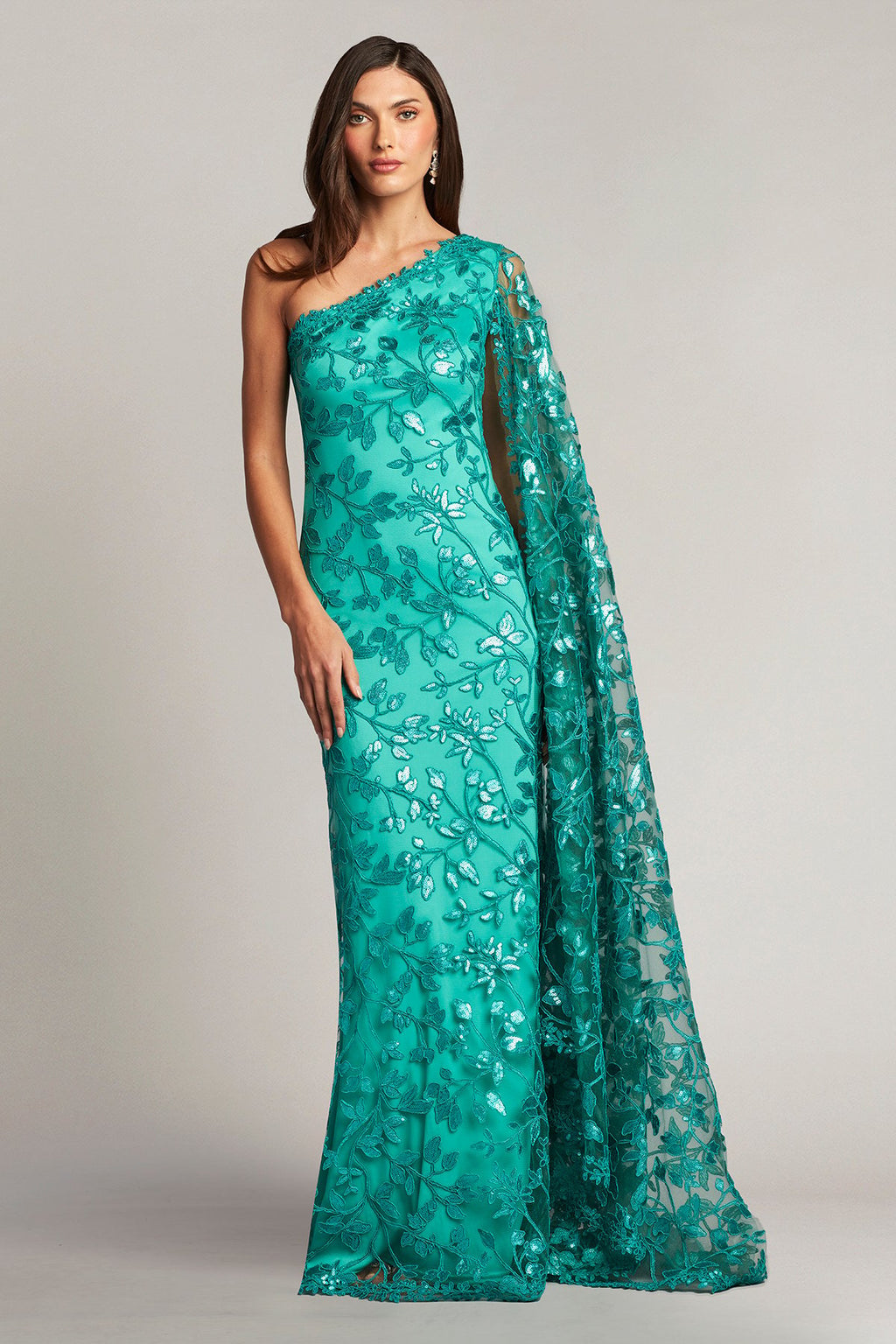 Delia Embroidered Cape-Sleeve Gown