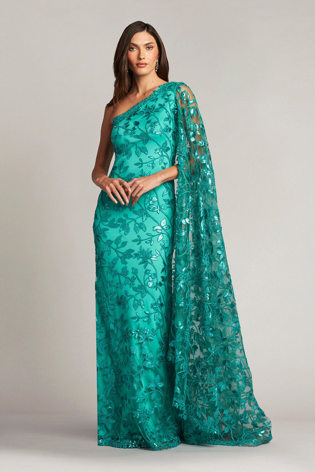Delia Embroidered Cape-Sleeve Gown