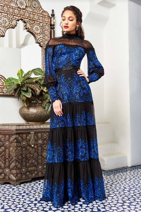 Ecrin Paisley-Print Illusion Gown