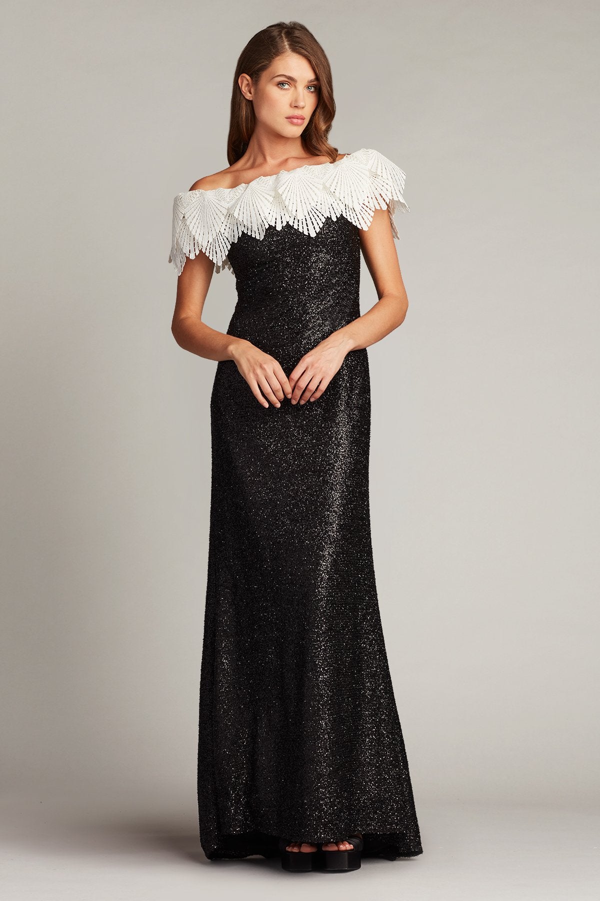 Taj Crochet Lace Off-Shoulder Sequin Gown
