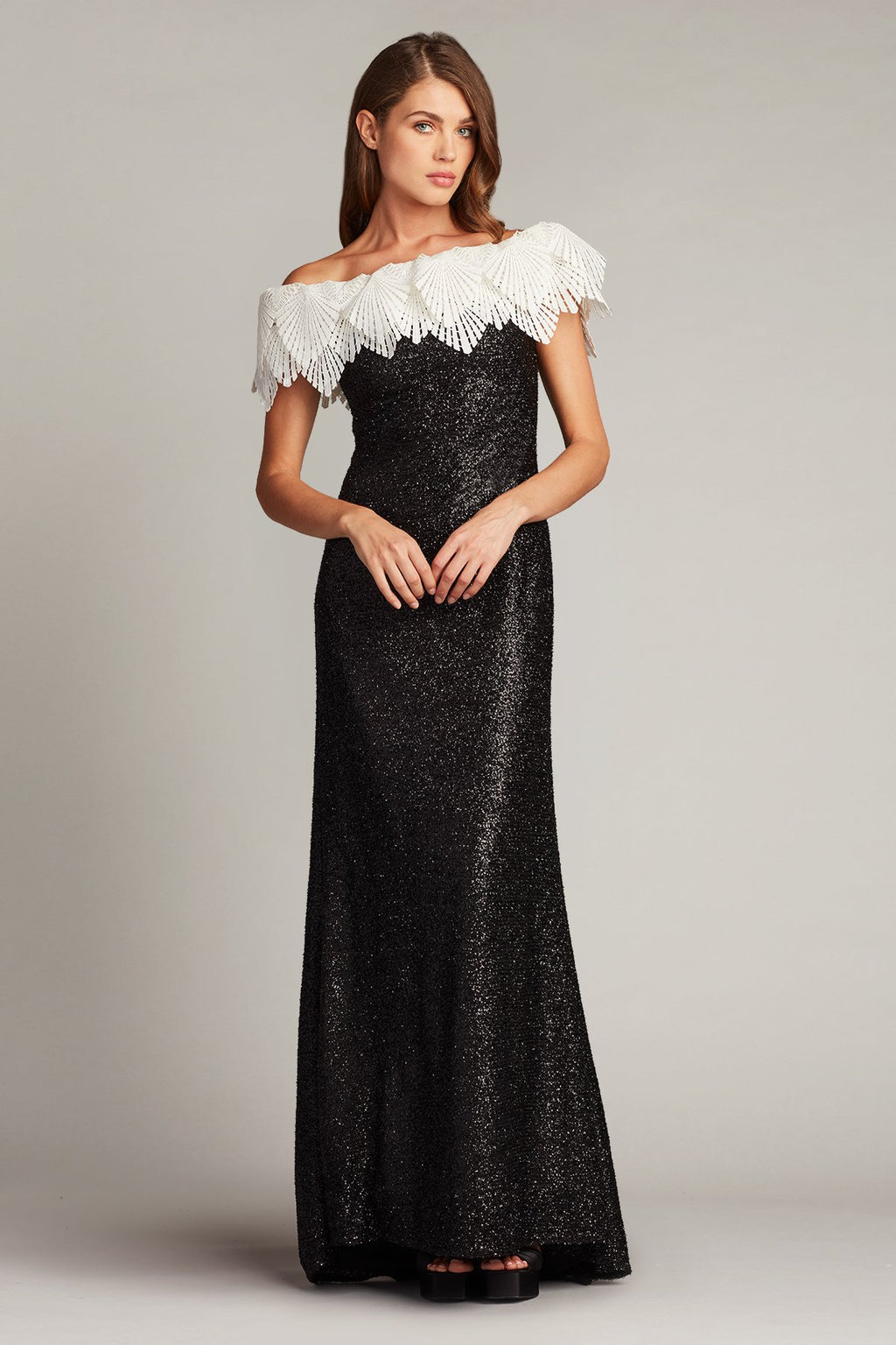 Taj Crochet Lace Off-Shoulder Sequin Gown