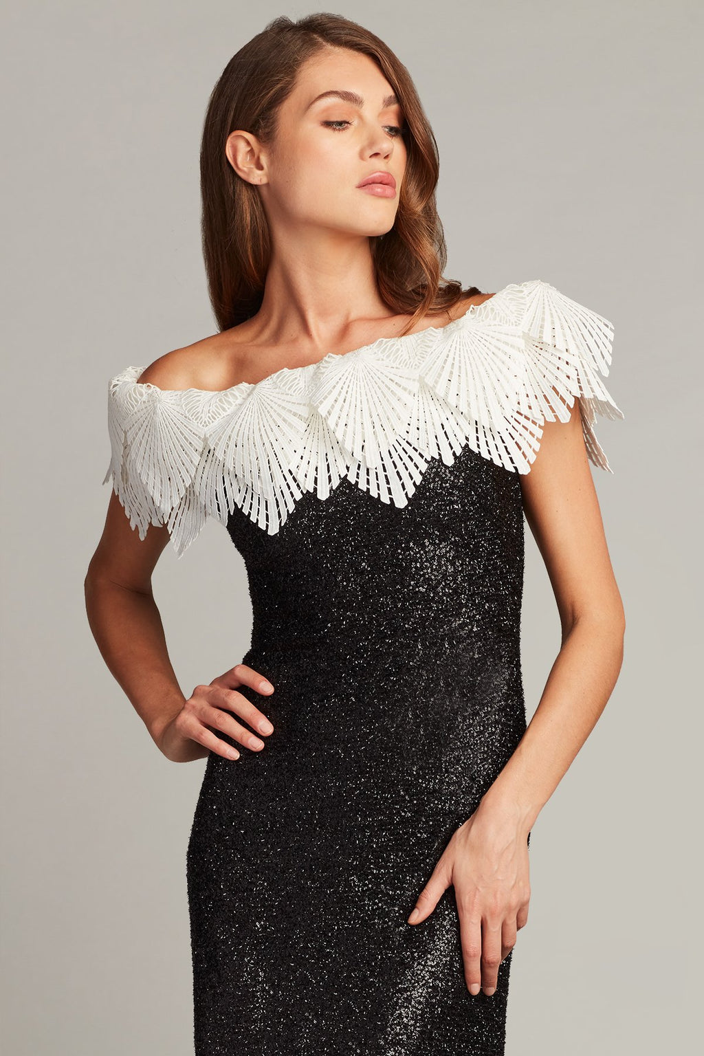 Taj Crochet Lace Off-Shoulder Sequin Gown