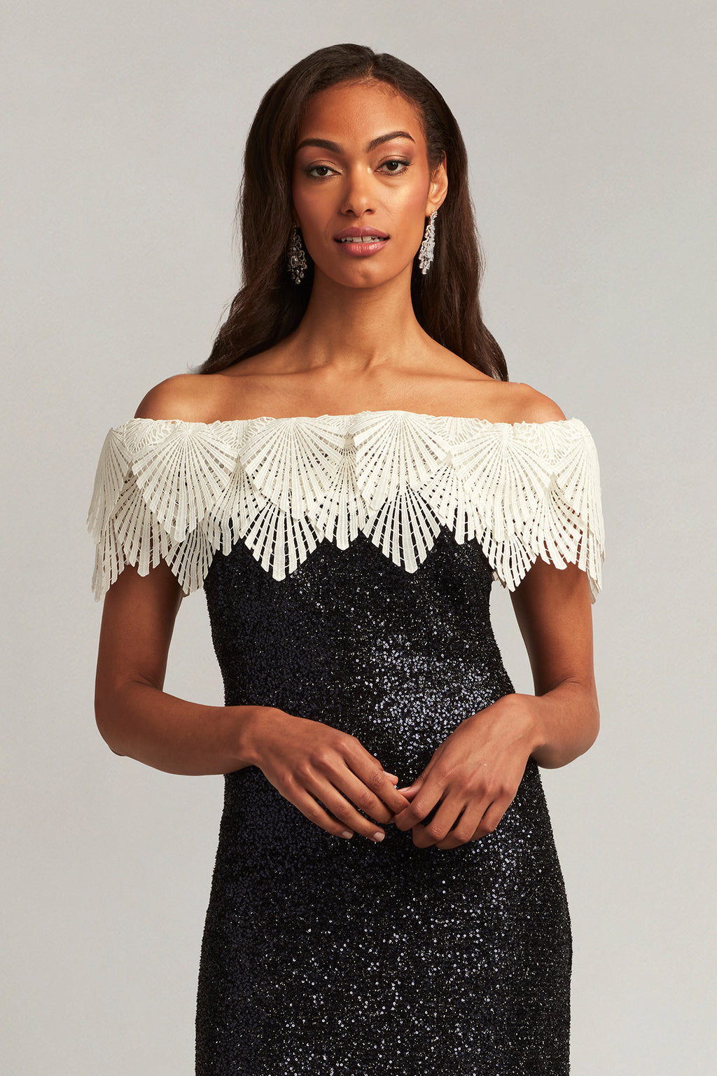 Taj Crochet Lace Off-Shoulder Sequin Gown
