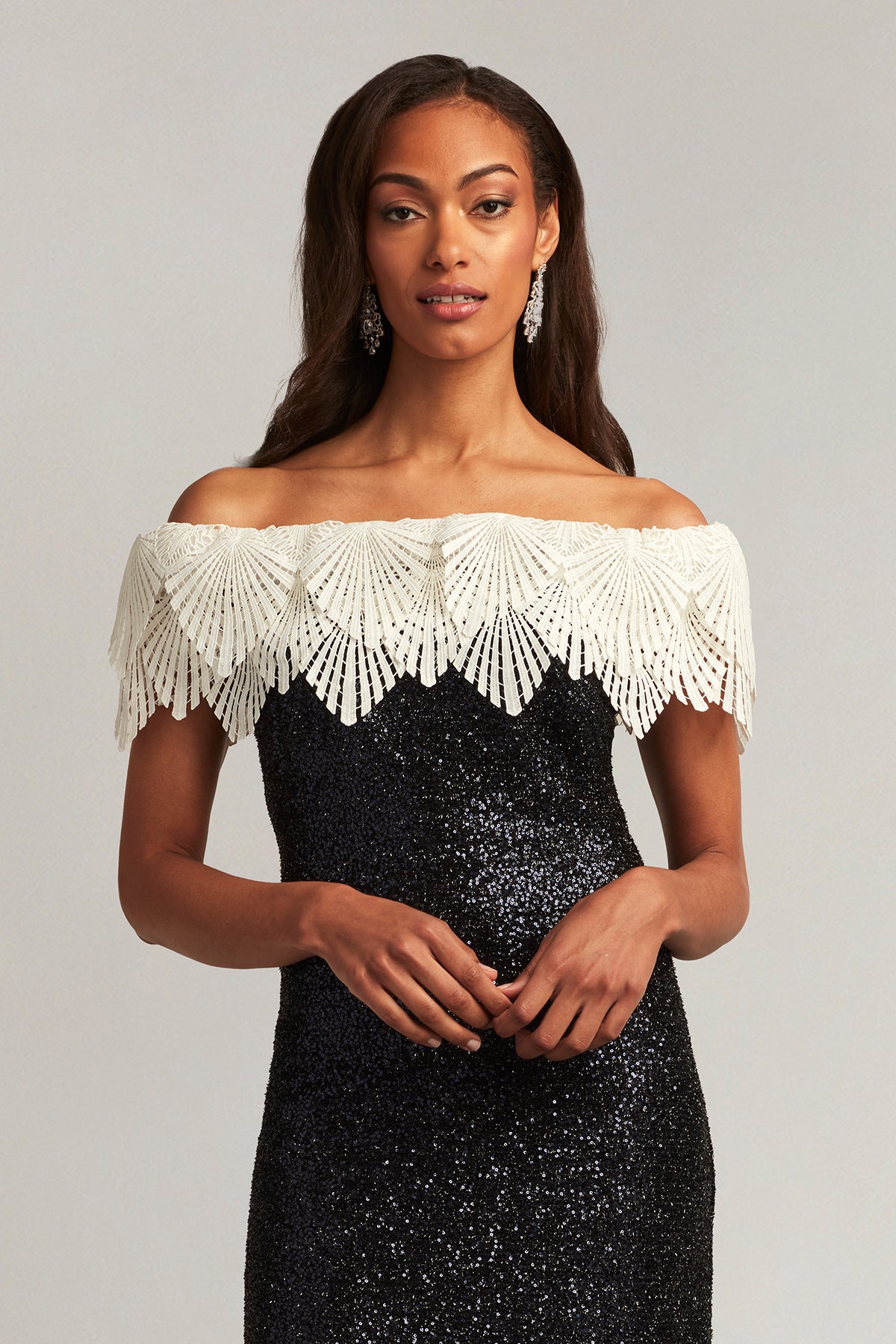 Taj Crochet Lace Off-Shoulder Sequin Gown