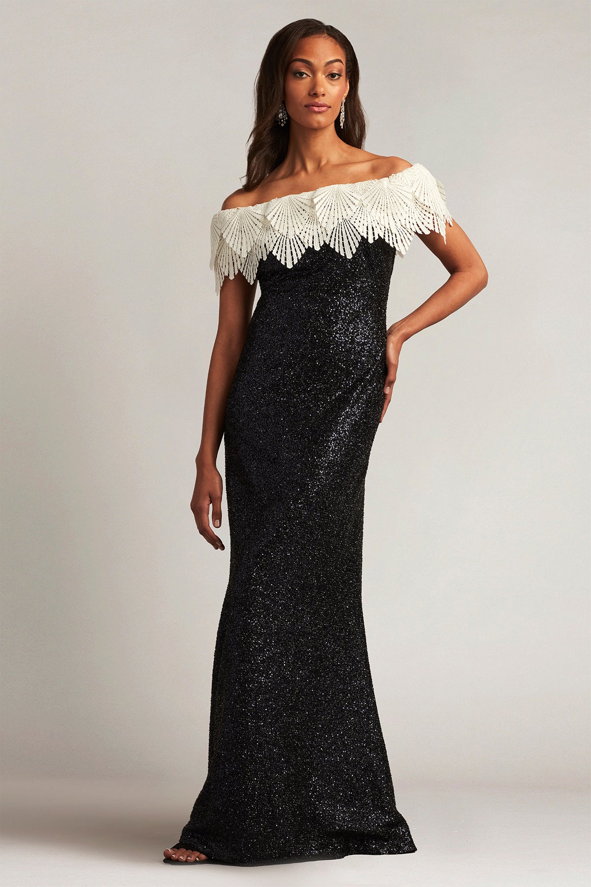 Taj Crochet Lace Off-Shoulder Sequin Gown