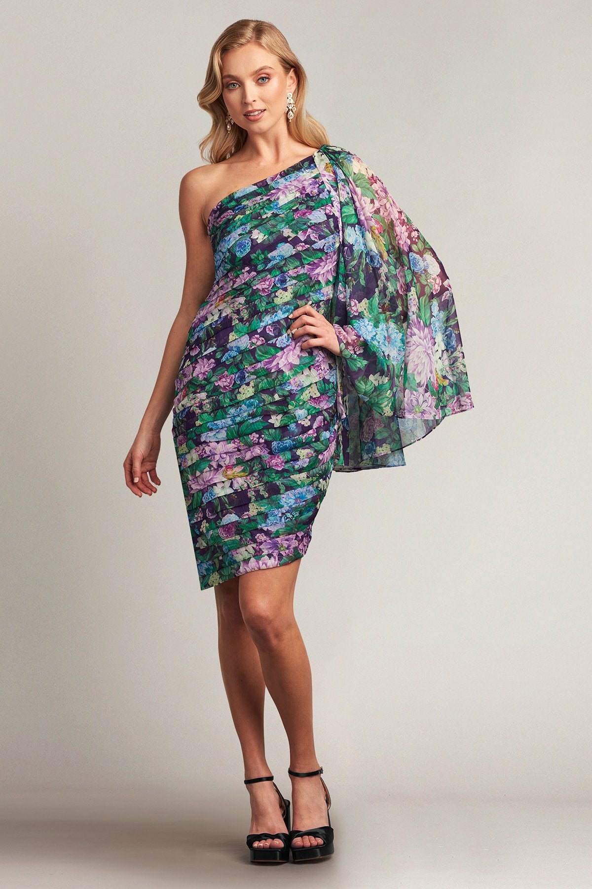 Elena Flutter Cape-Sleeve Dress