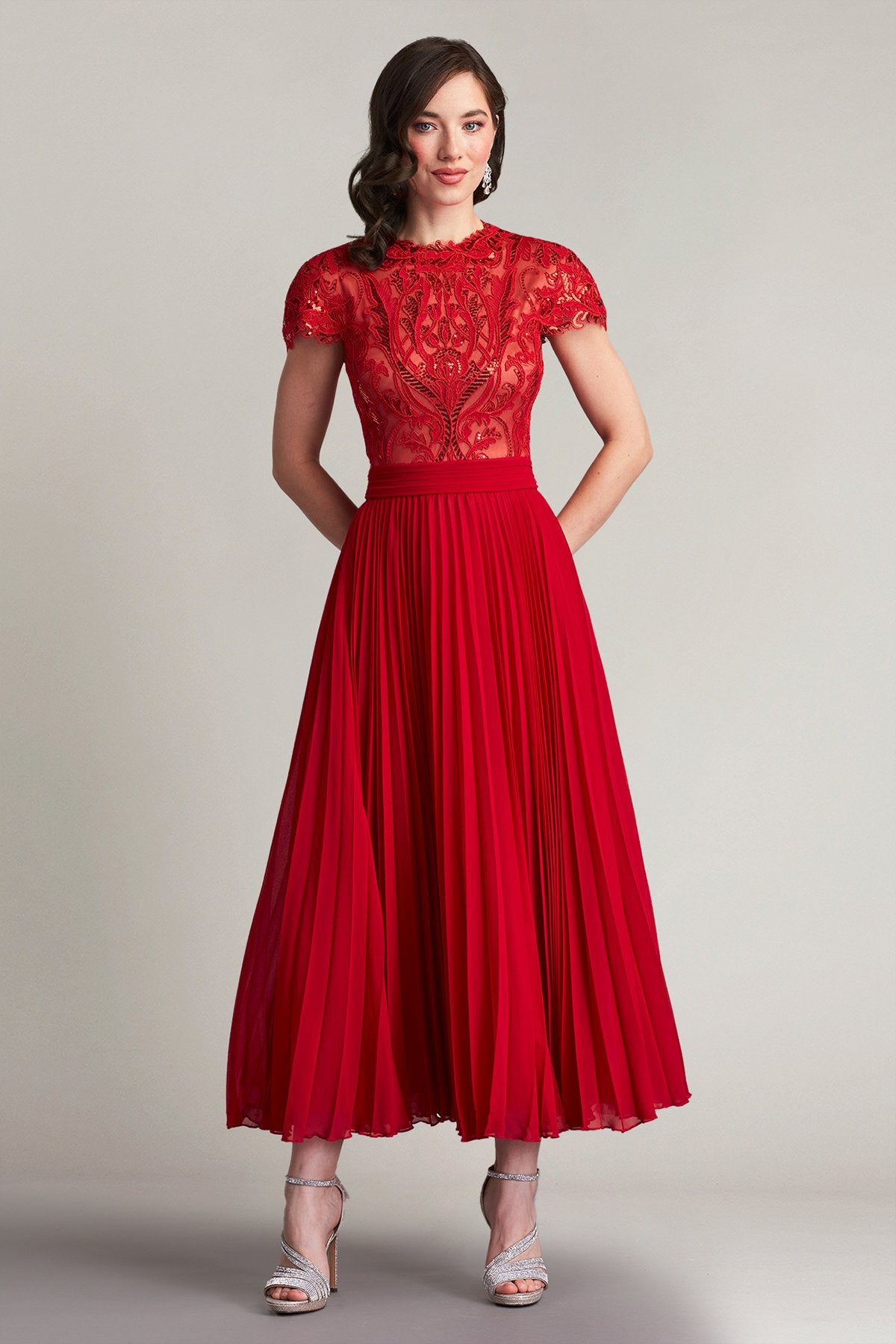 sequin pleated midi dress Sequin and Faux Pearl Trim V-Neck Fold Pleated Midi Dress Without Belt