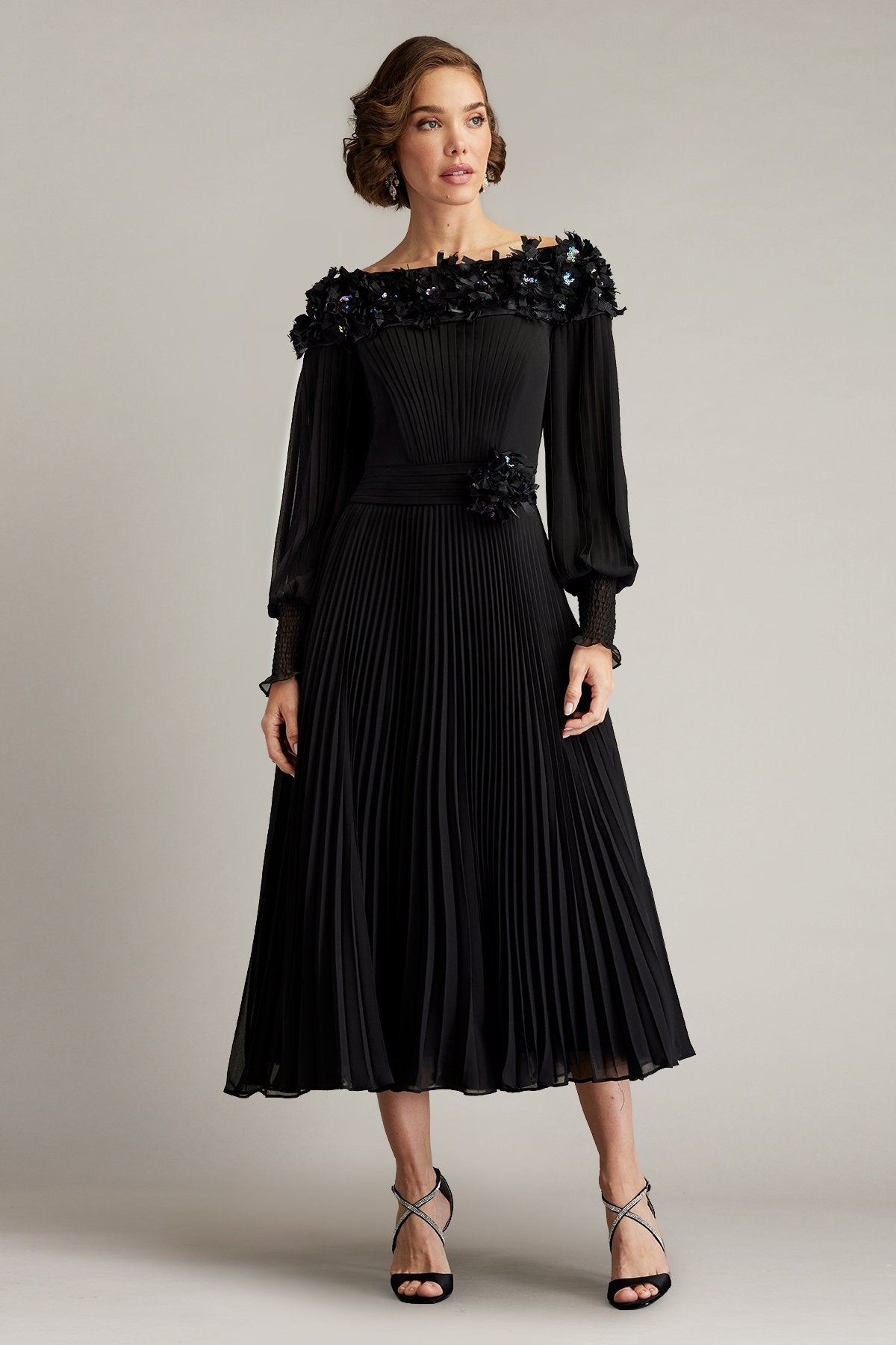 Owan Pleated Floral Appliquéd Midi Dress