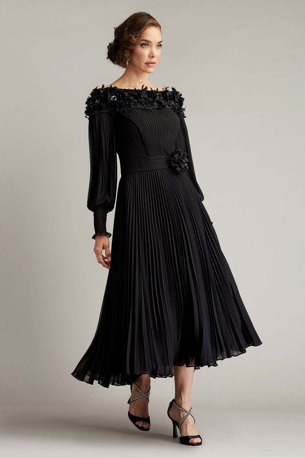 Owan Pleated Floral Appliquéd Midi Dress