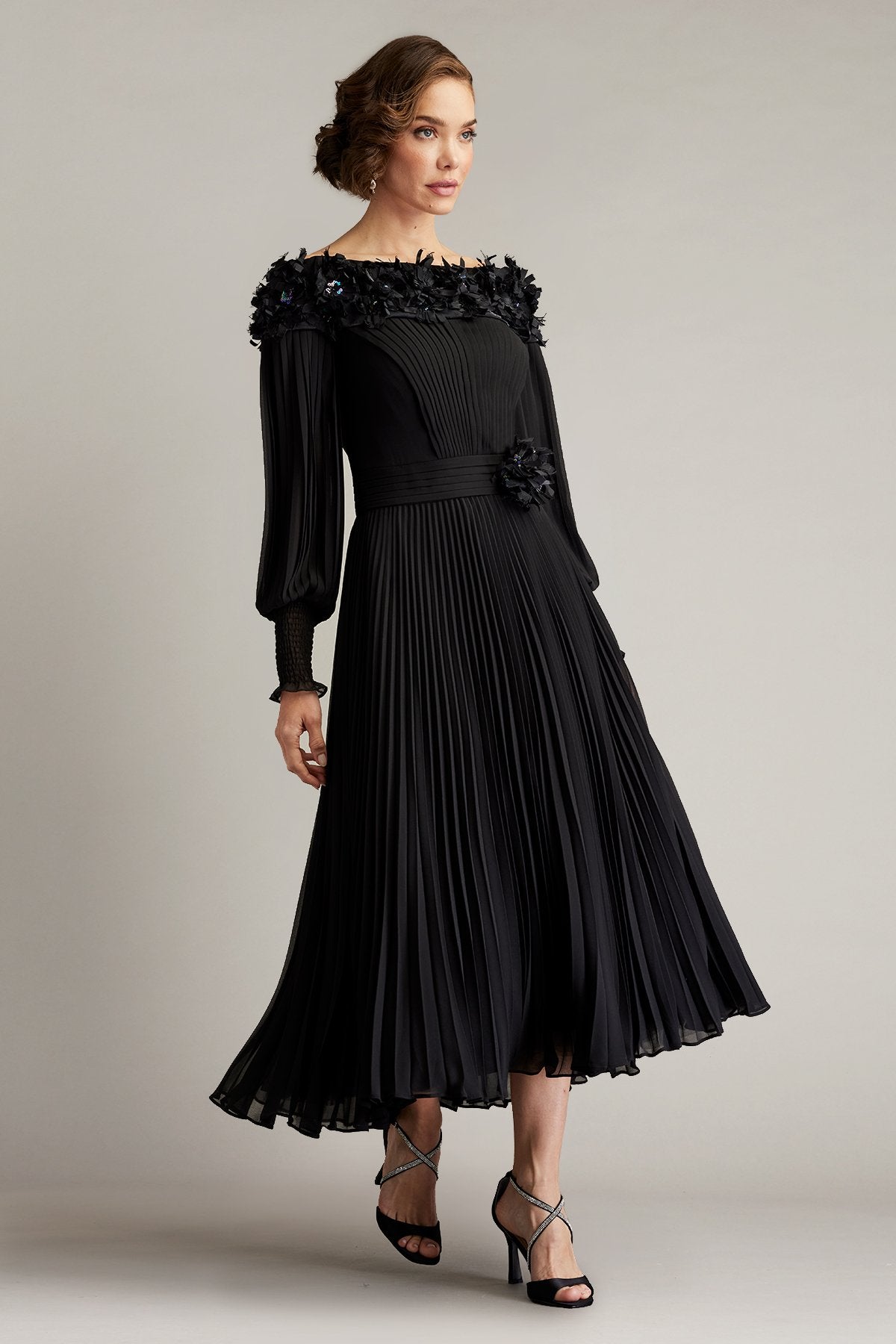 Owan Pleated Floral Appliquéd Midi Dress