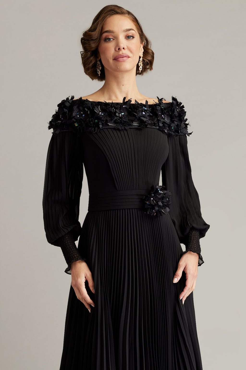Owan Pleated Floral Appliquéd Midi Dress
