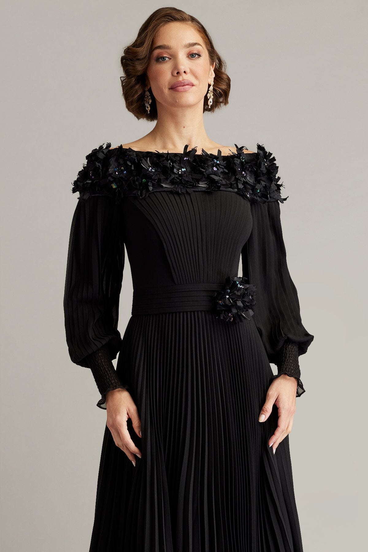 Owan Pleated Floral Appliquéd Midi Dress