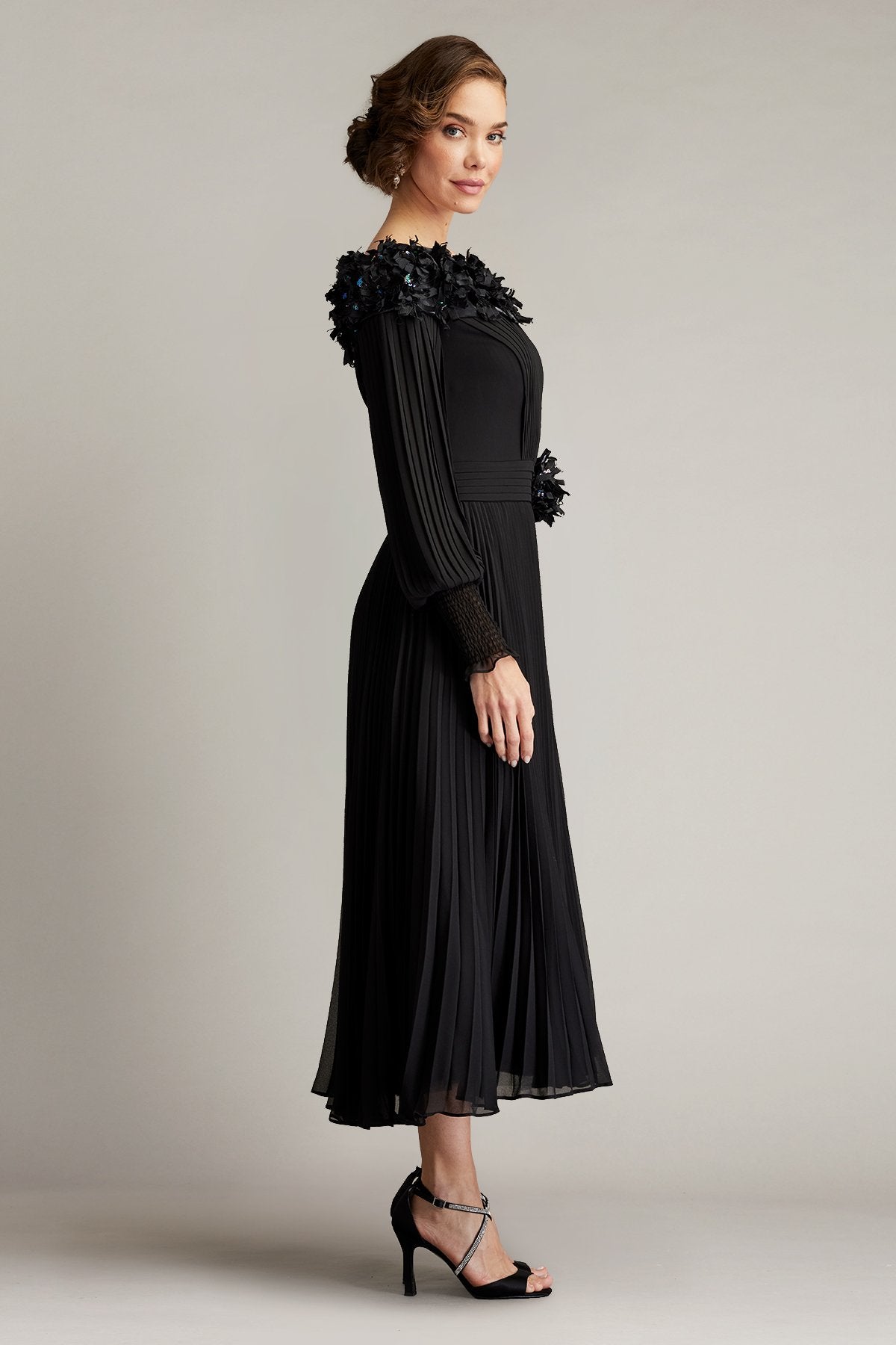 Owan Pleated Floral Appliquéd Midi Dress