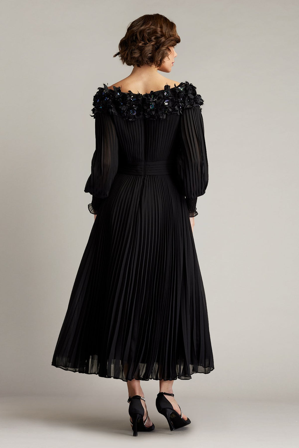 Owan Pleated Floral Appliquéd Midi Dress