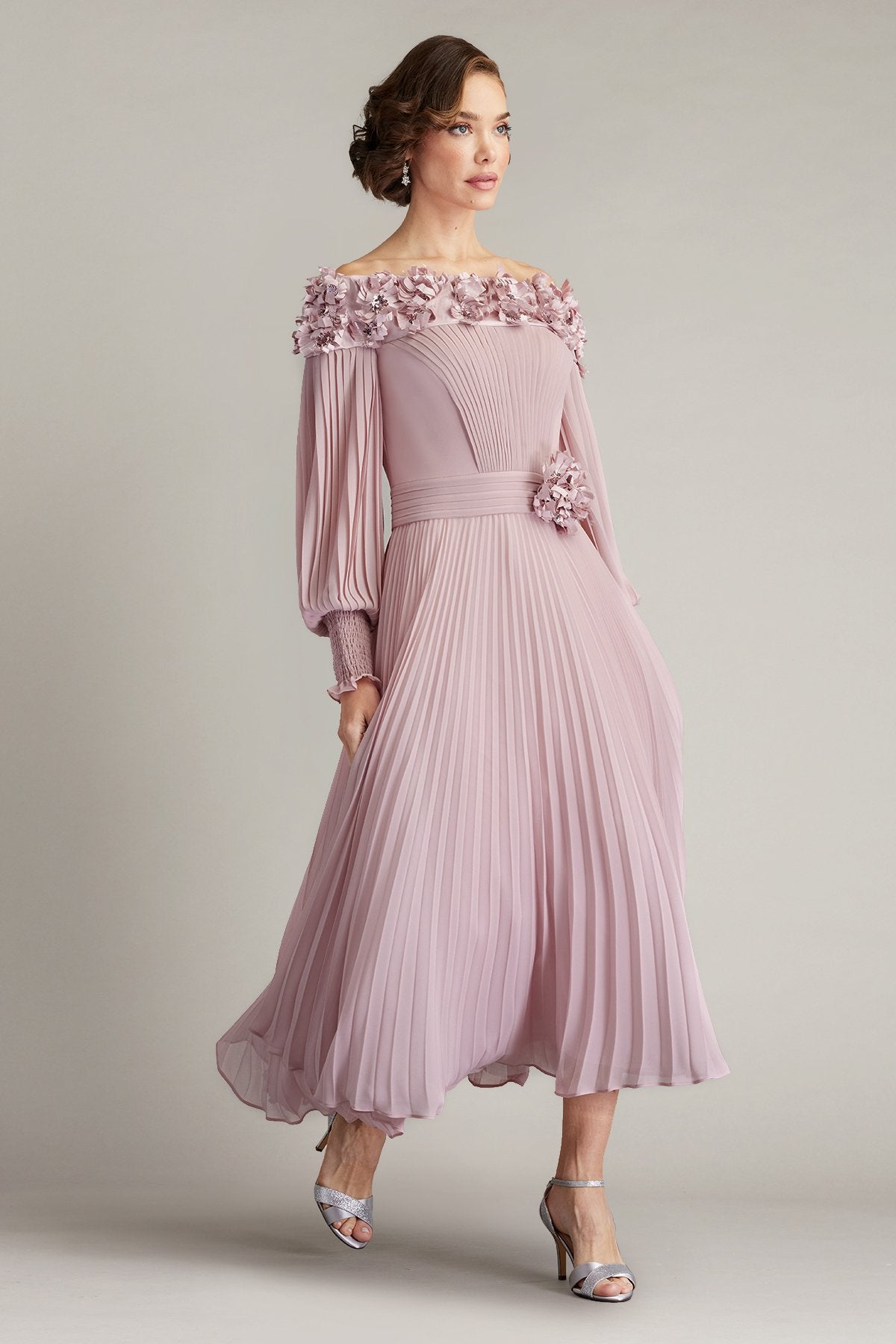 Owan Pleated Floral Appliquéd Midi Dress