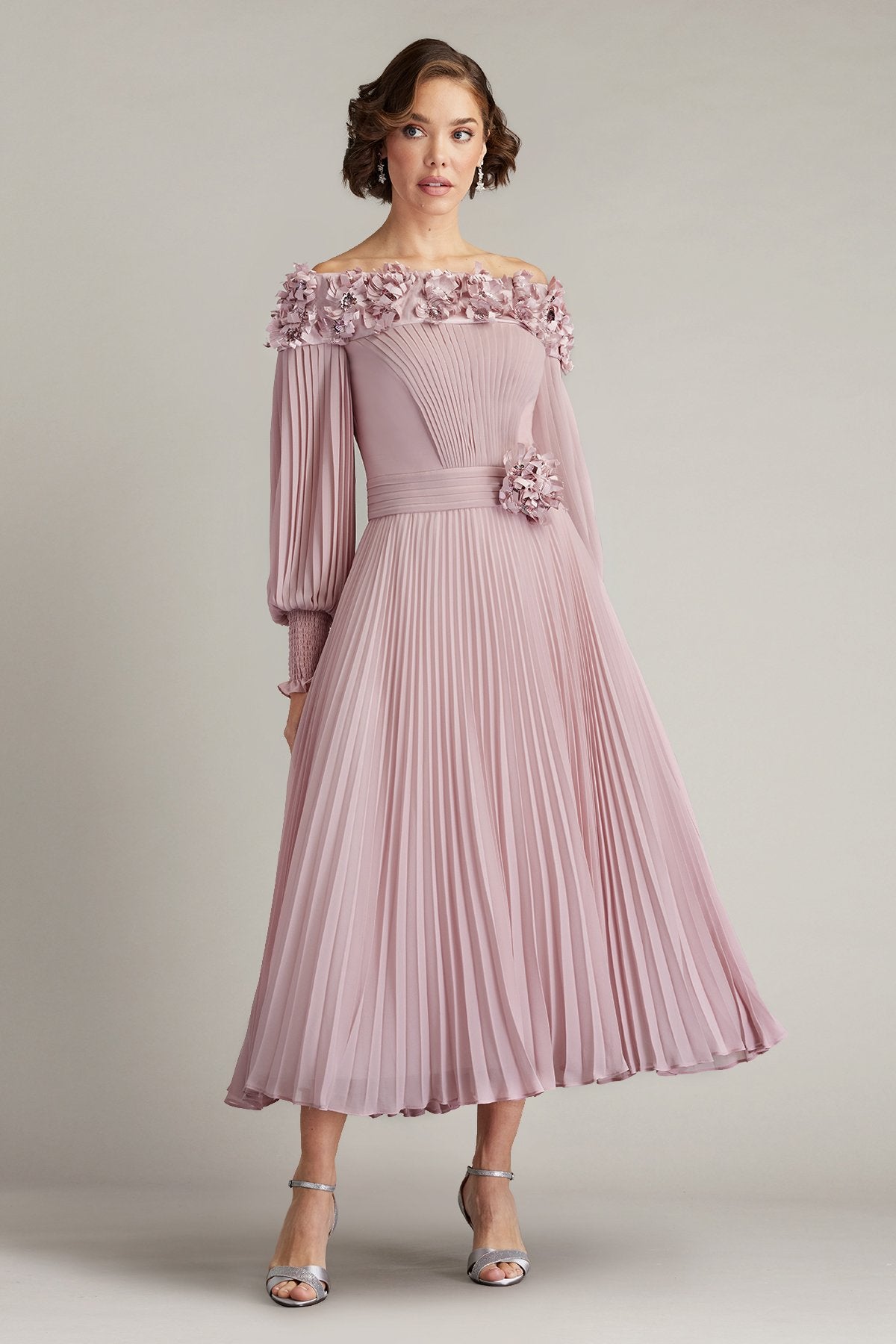 Owan Pleated Floral Appliquéd Midi Dress