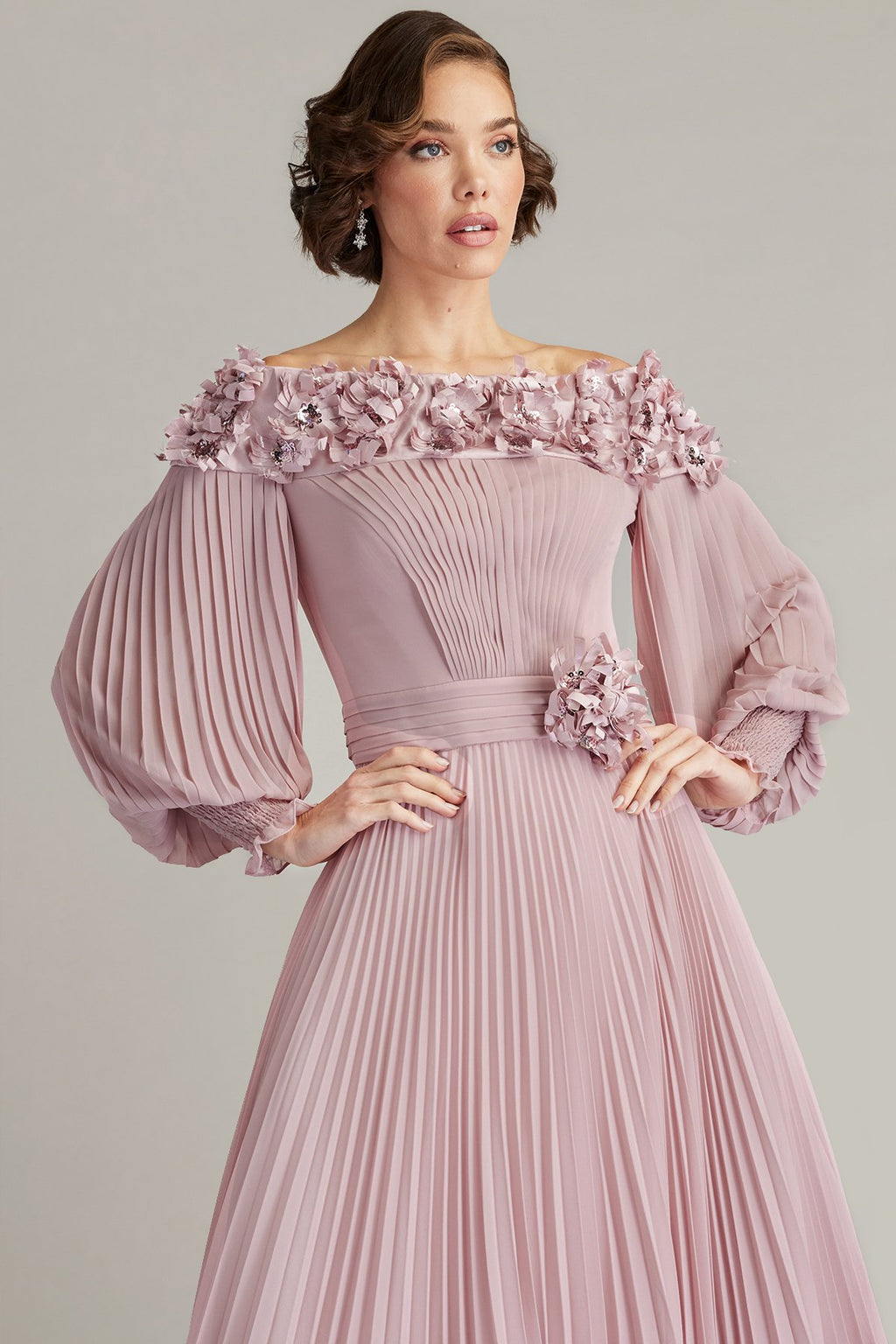 Owan Pleated Floral Appliquéd Midi Dress