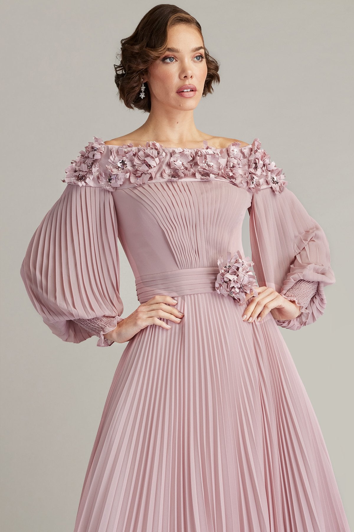 Owan Pleated Floral Appliquéd Midi Dress