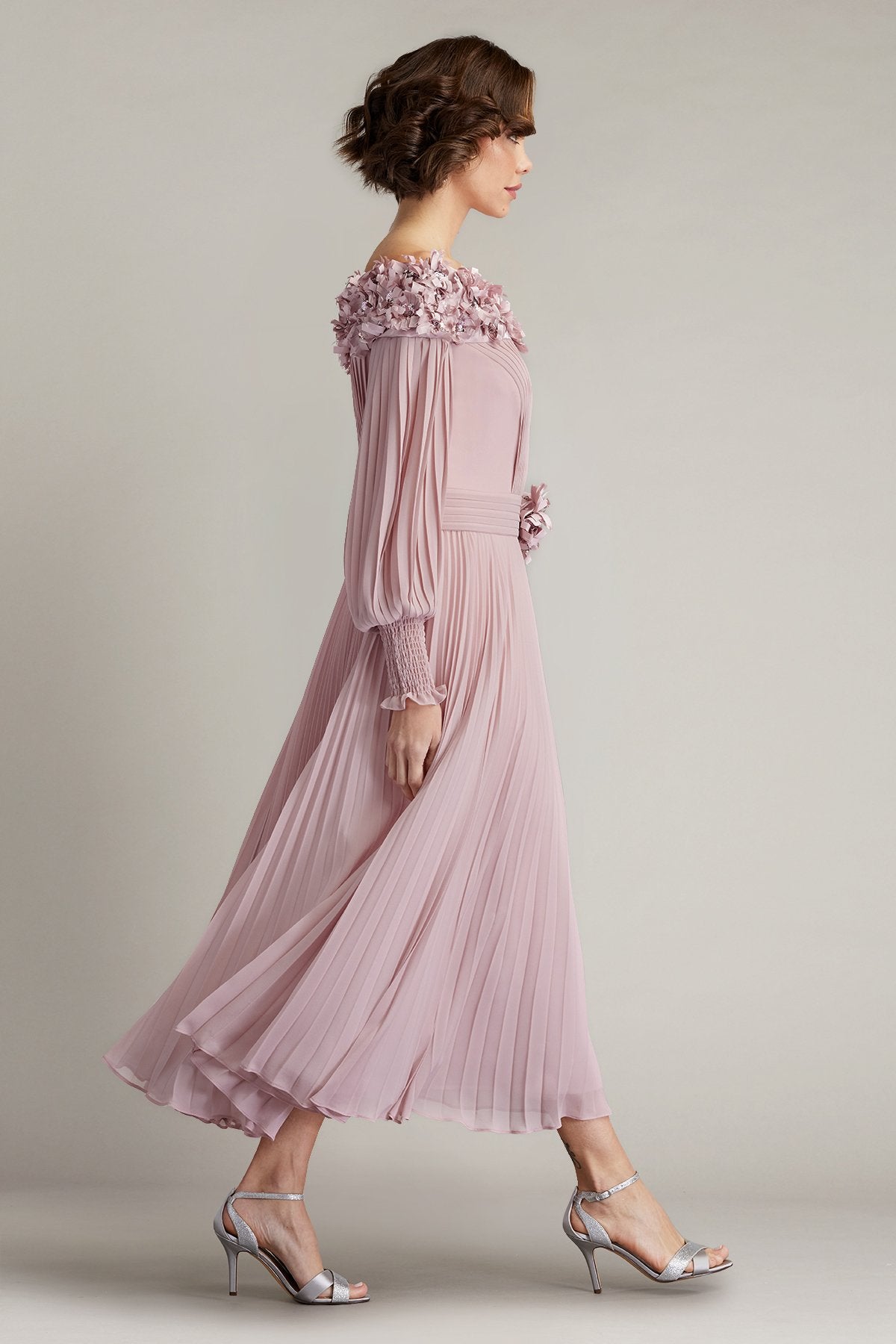 Owan Pleated Floral Appliquéd Midi Dress