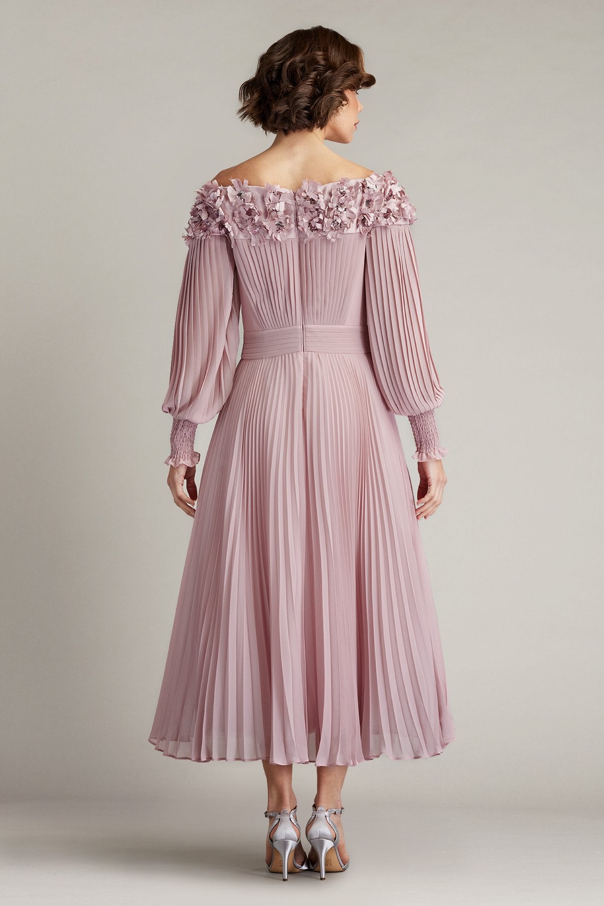 Owan Pleated Floral Appliquéd Midi Dress
