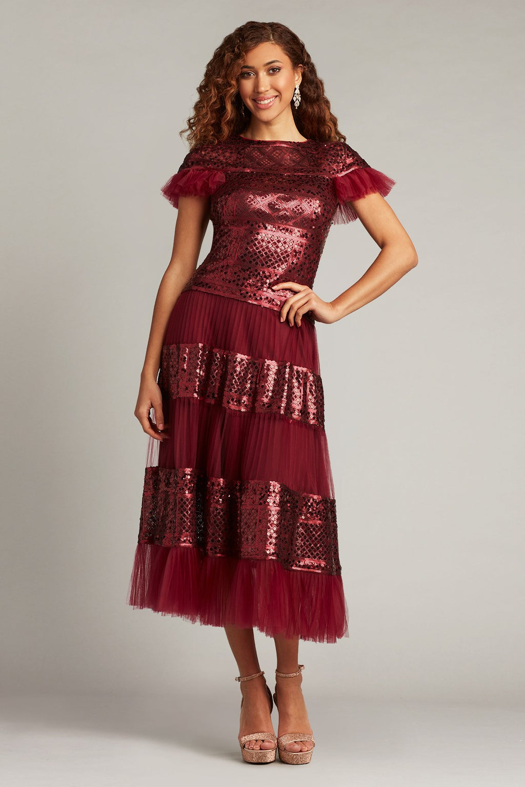 Forry Patchwork Sequin Tulle Tea-Length Dress
