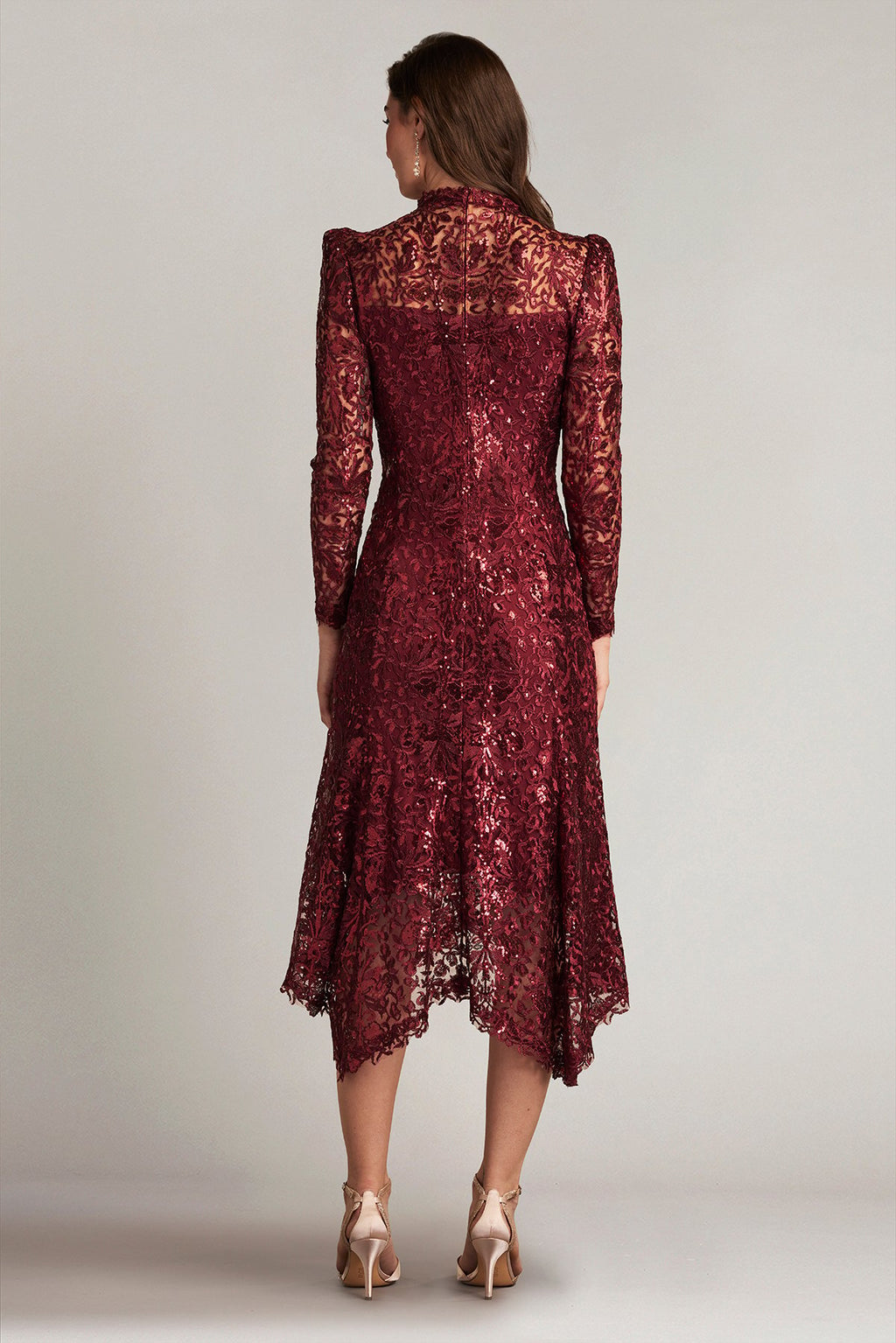 Heiss Sequin Embroidered Illusion Midi Dress